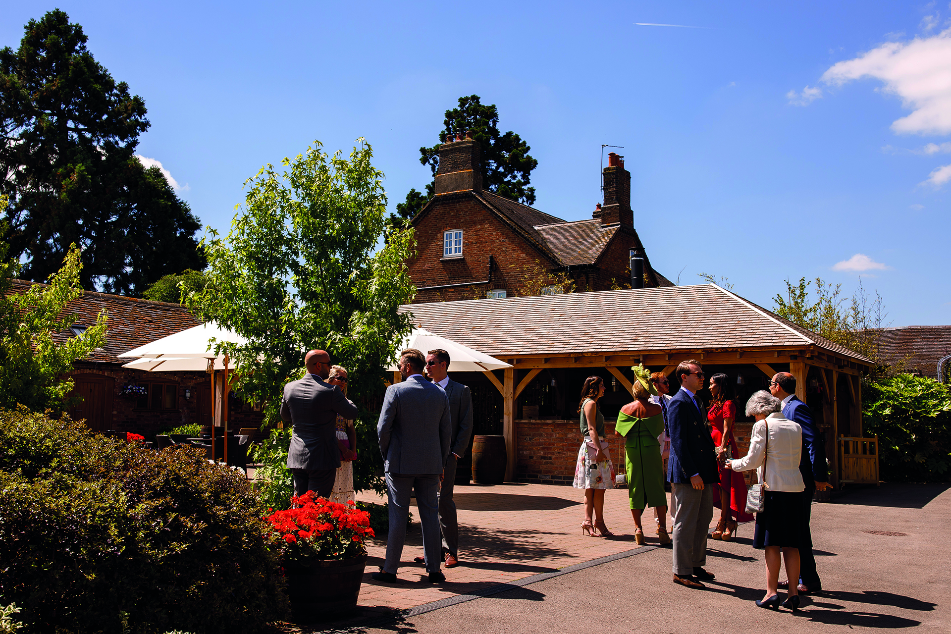 Vibrant outdoor event space at Mythe Barn, ideal for networking and social gatherings.