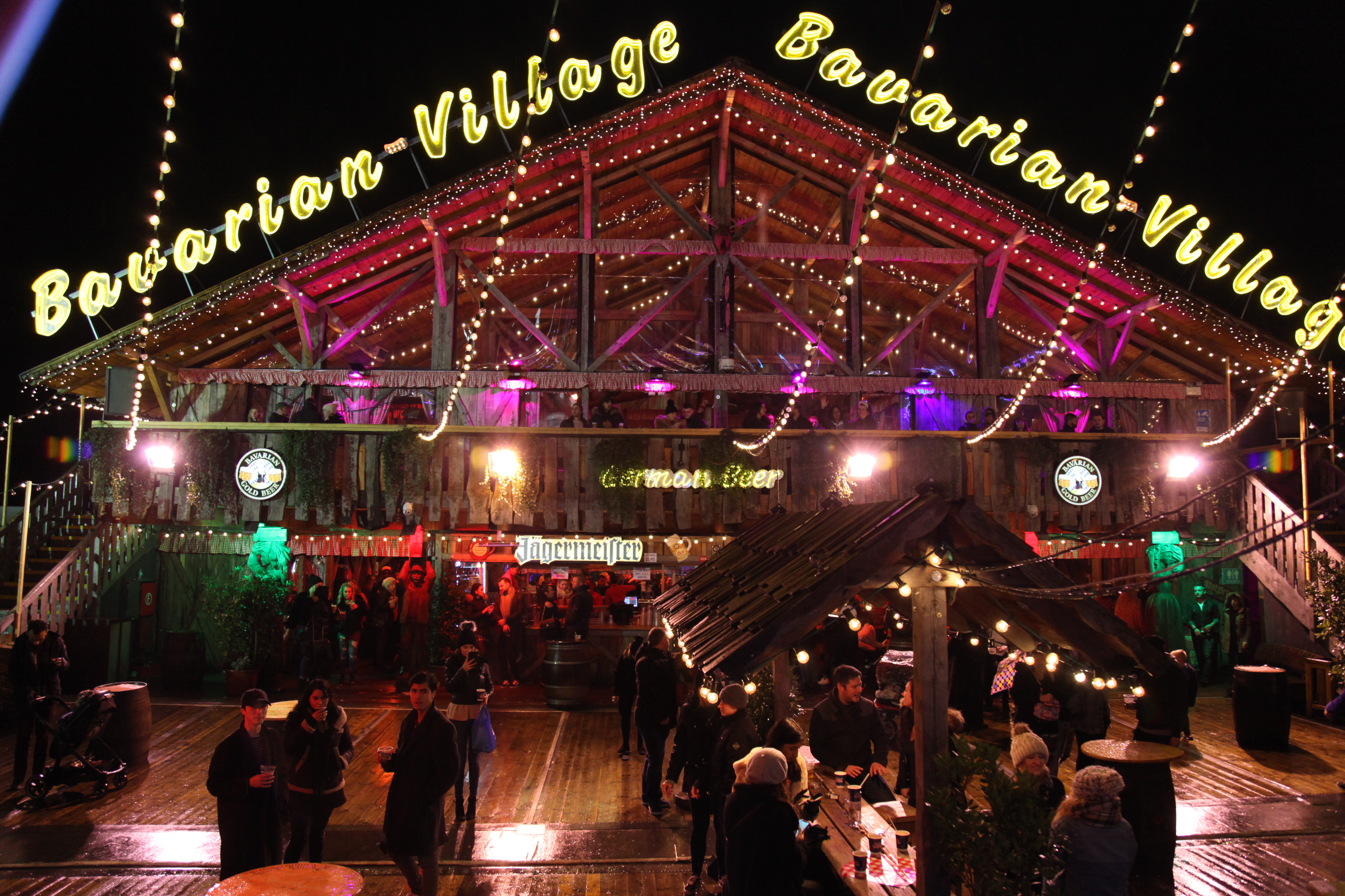 Bavarian Village outdoor event space with festive lighting for cultural festivals and gatherings.