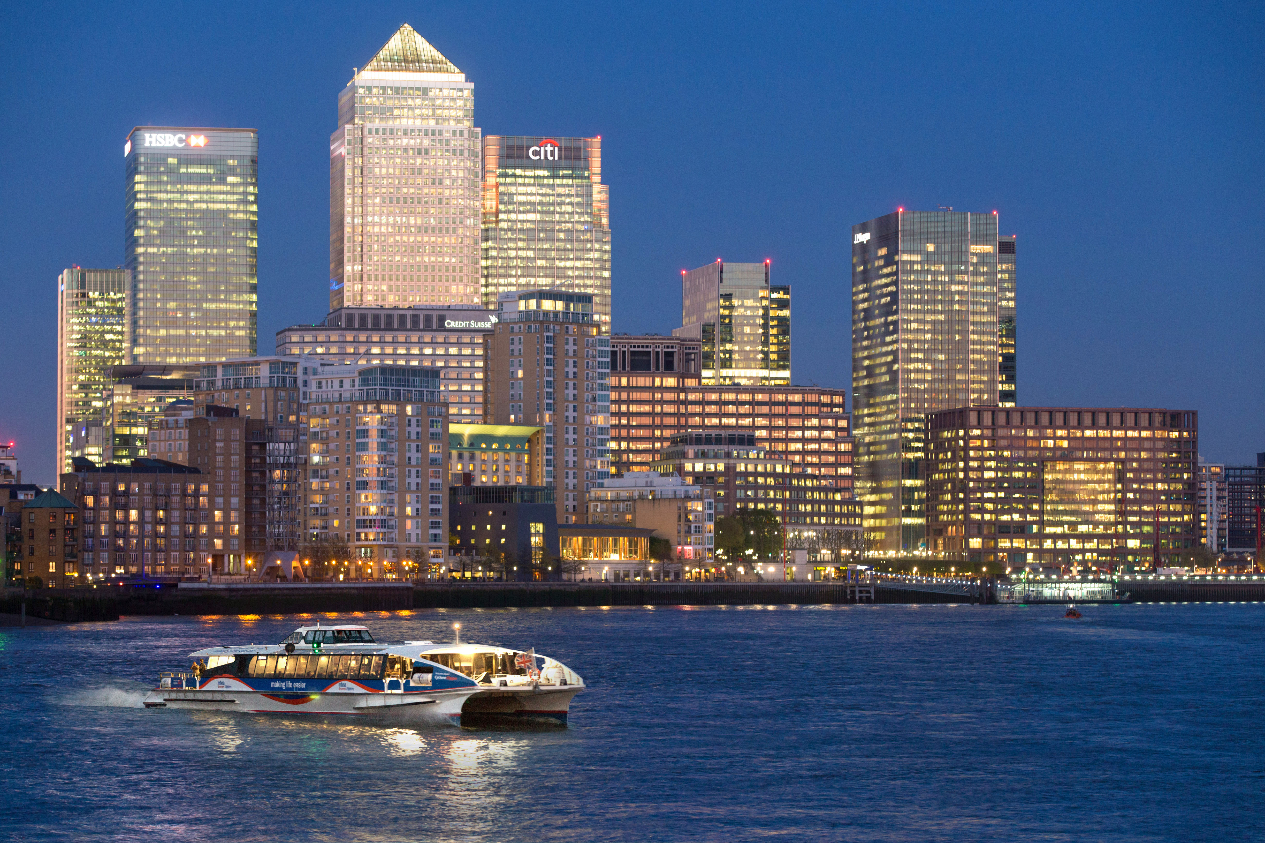 Venus Clipper waterfront skyline at dusk, perfect for corporate events and gala dinners.
