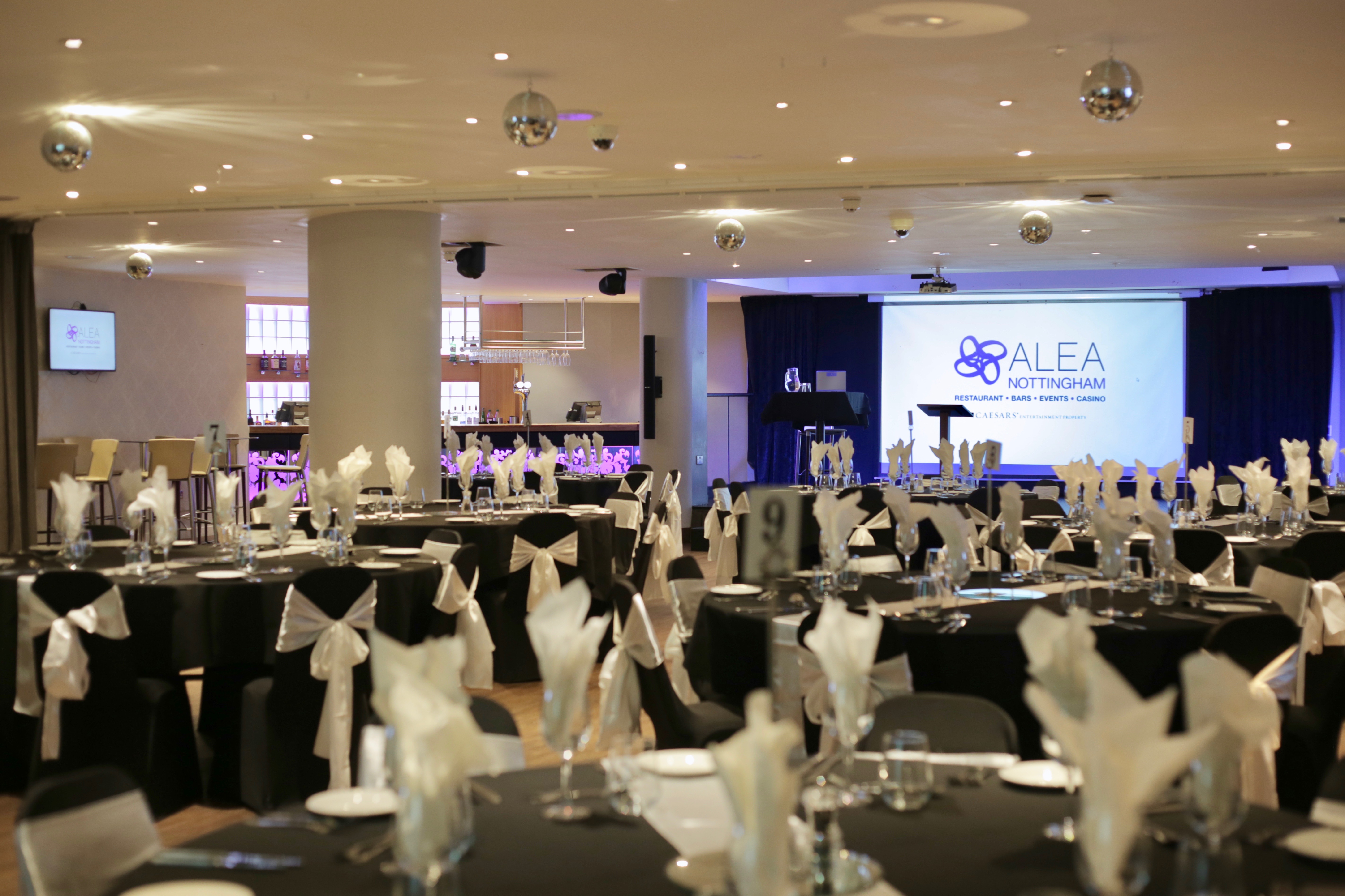 Sophisticated event space at Alea Casino, set for corporate gatherings and gala dinners.