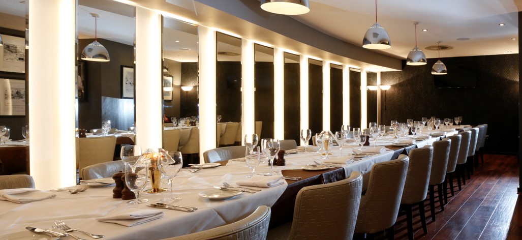 "Elegant dining setup in Marco Pierre White Private Dining Room for corporate events."