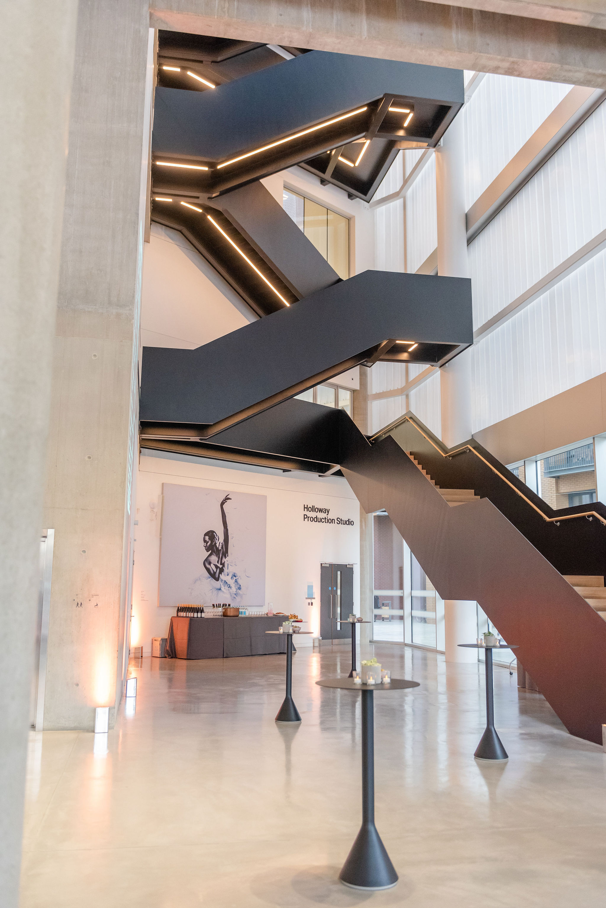 Dorfman Foyer at English National Ballet, featuring a striking black staircase for events.