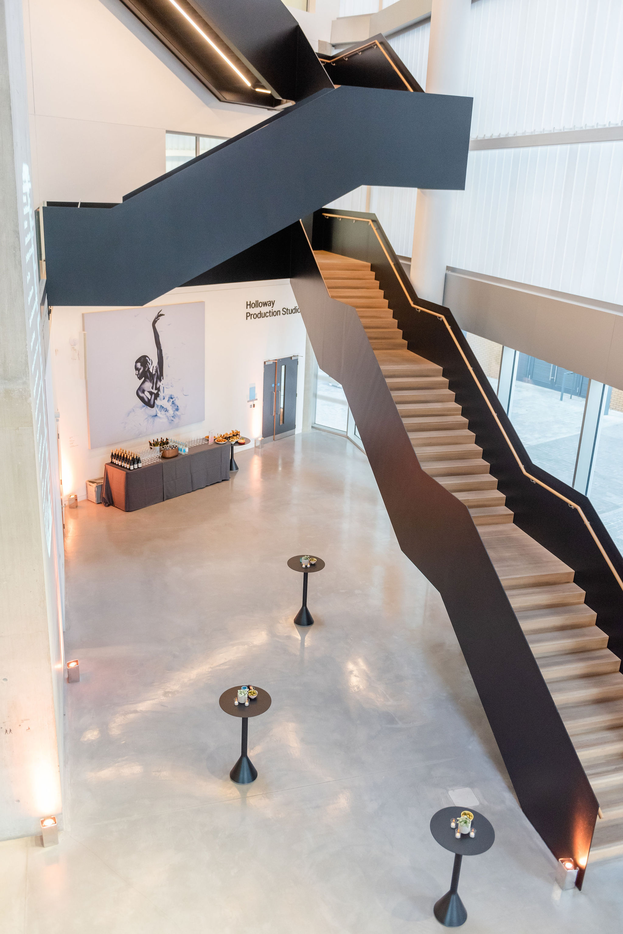 Dorfman Foyer at English National Ballet, modern event space with striking staircase for receptions.