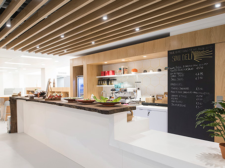 Modern deli space in Jubilee House, ideal for networking events and casual meetings.