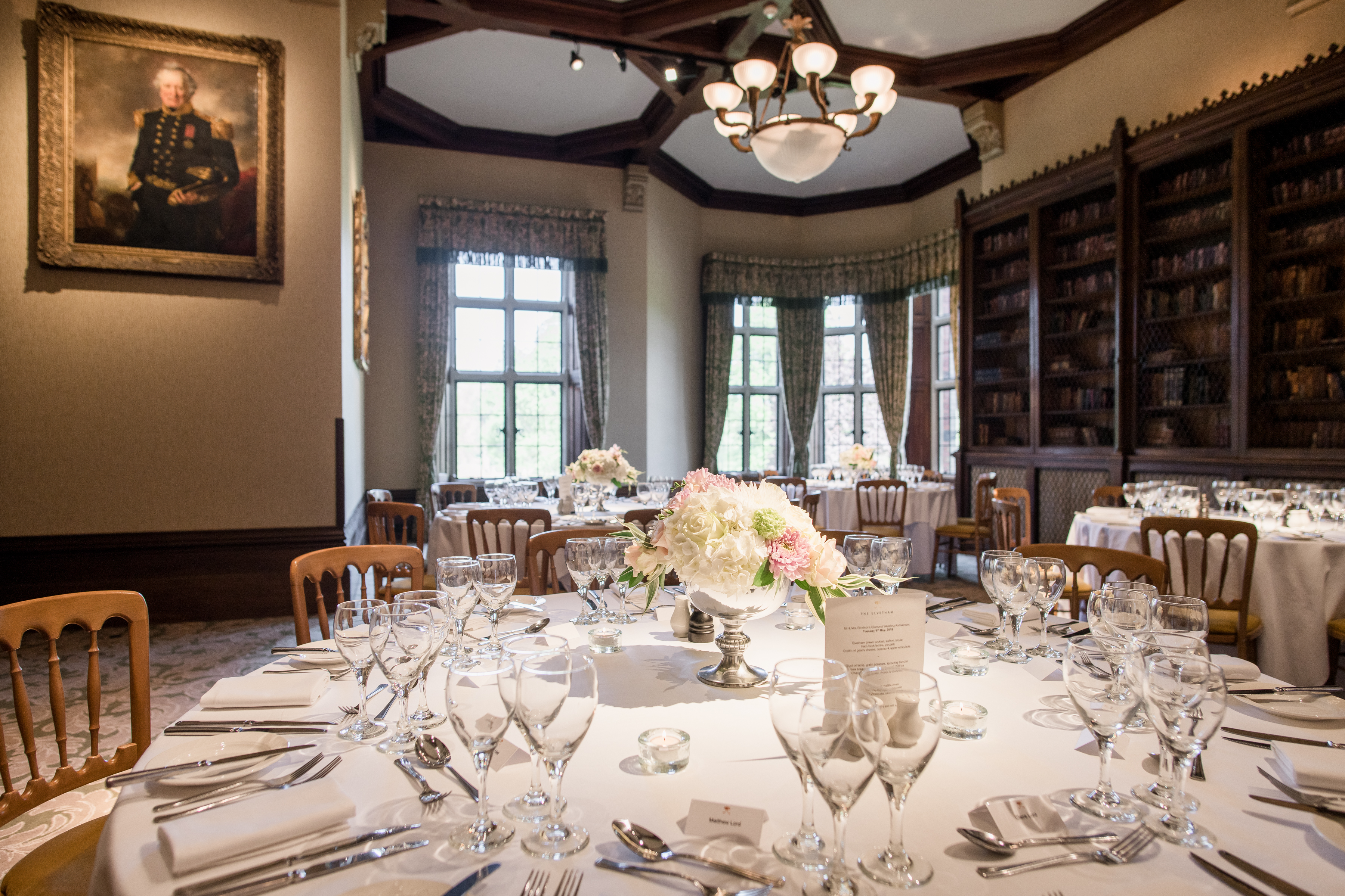 Elegant dining room at The Elvetham, Hampshire, ideal for upscale events and gatherings.