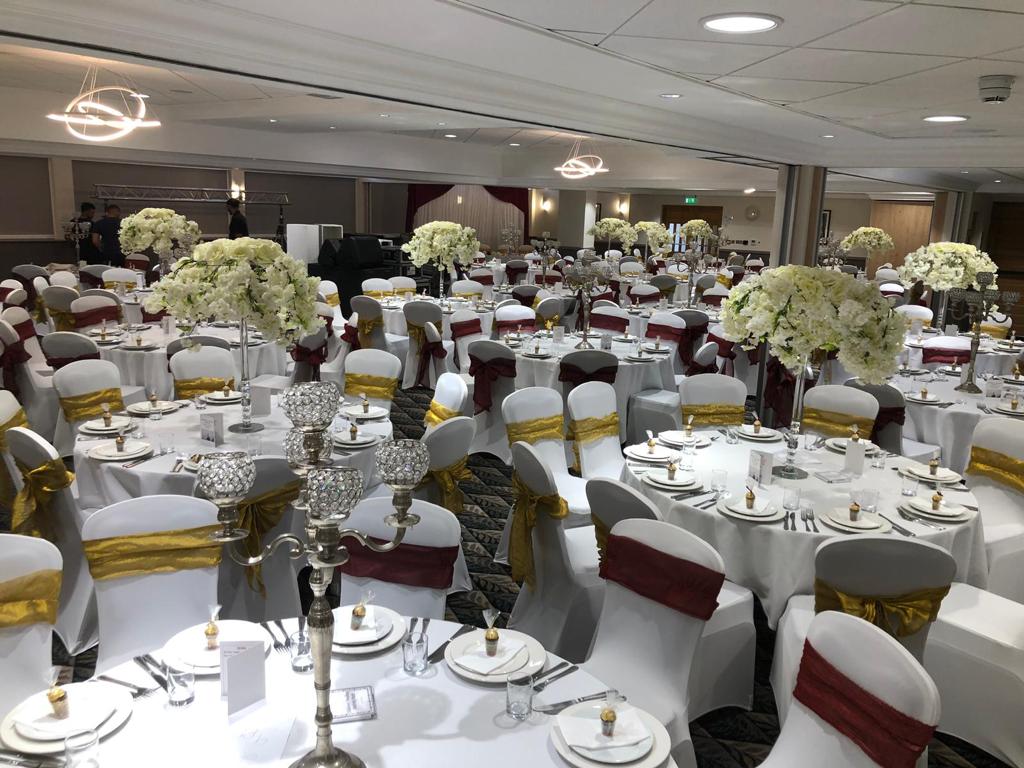 Elegant banquet hall at Holiday Inn Leicester, perfect for weddings and formal events.
