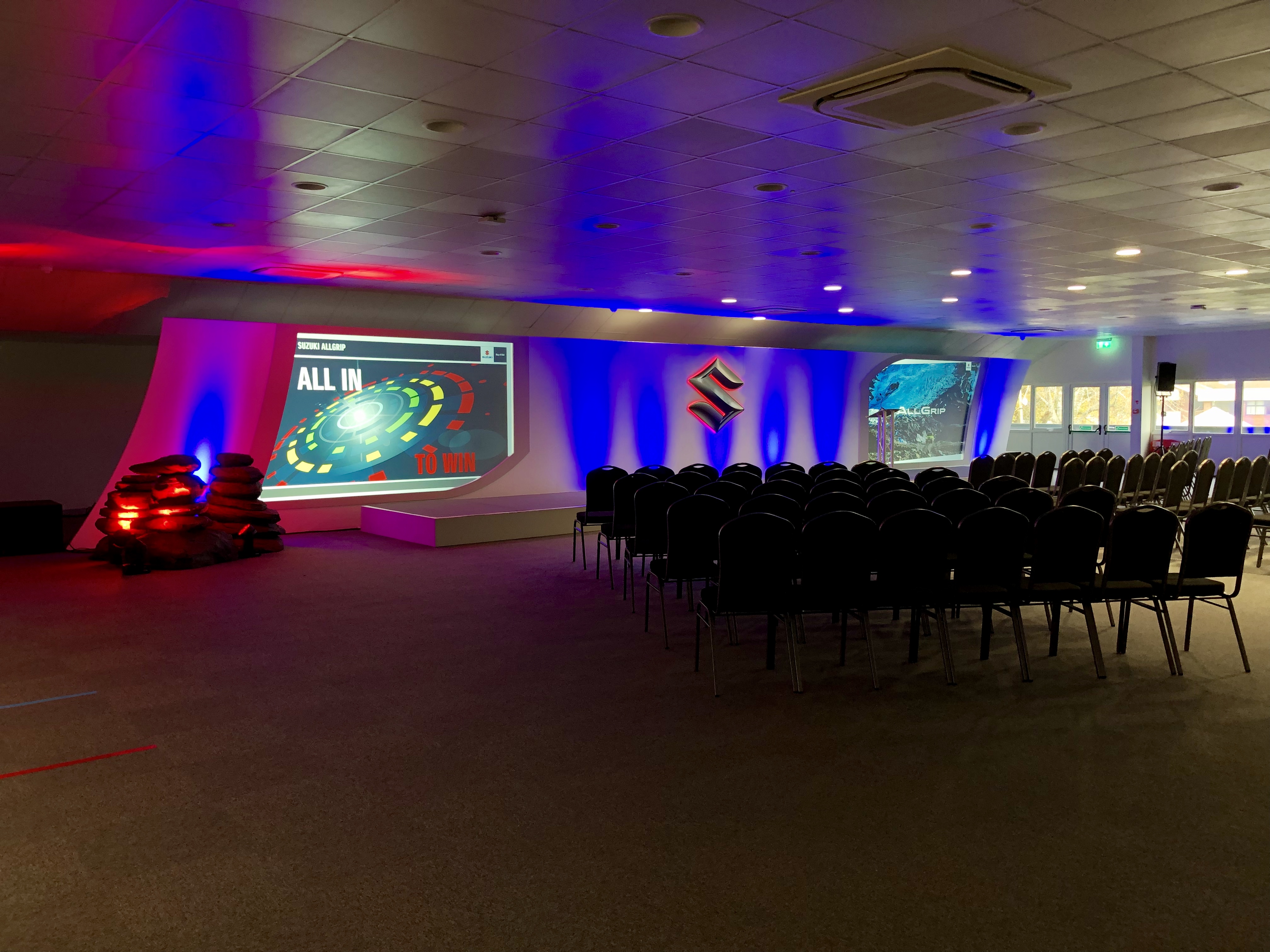 Event space at The Loft, NAEC Stoneleigh, with projection screen for conferences.