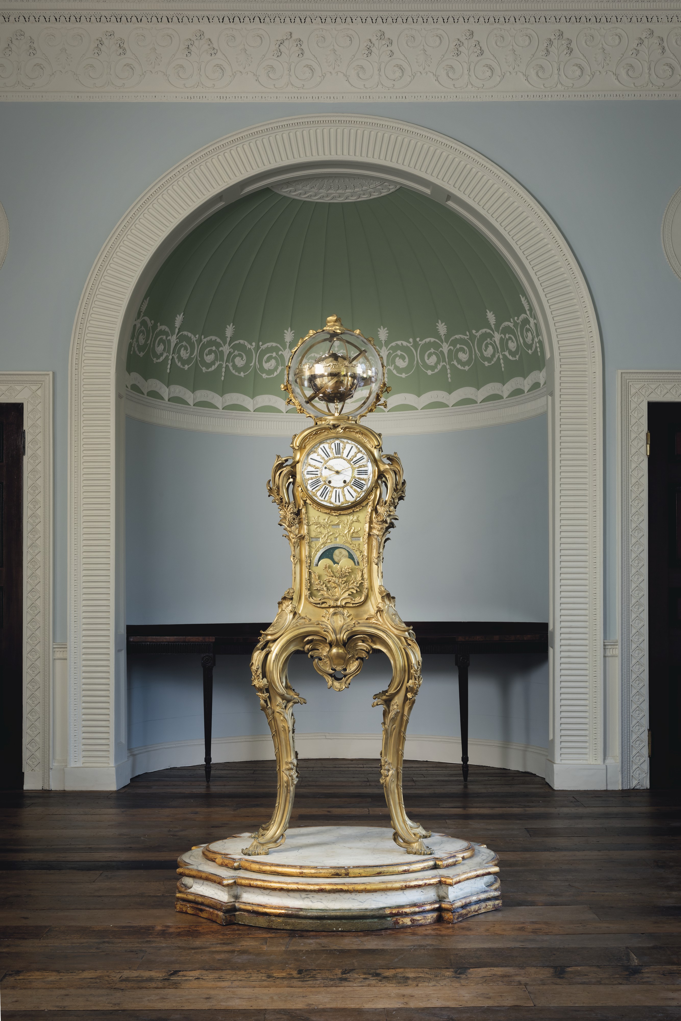 Ornate grandfather clock in Georgian Eating Room, Pitzhanger Manor events space.