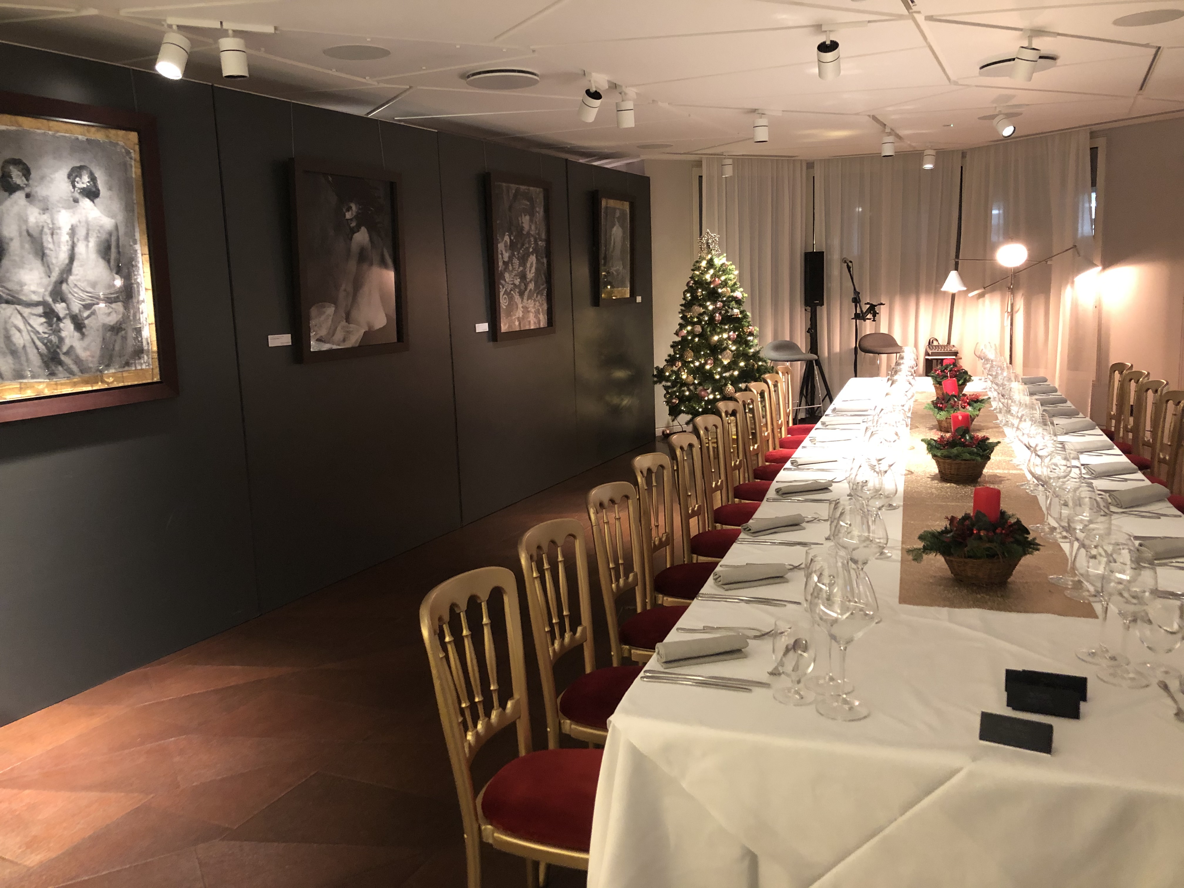 Elegant event space at The Lounge, featuring a festive Christmas tree for gatherings.