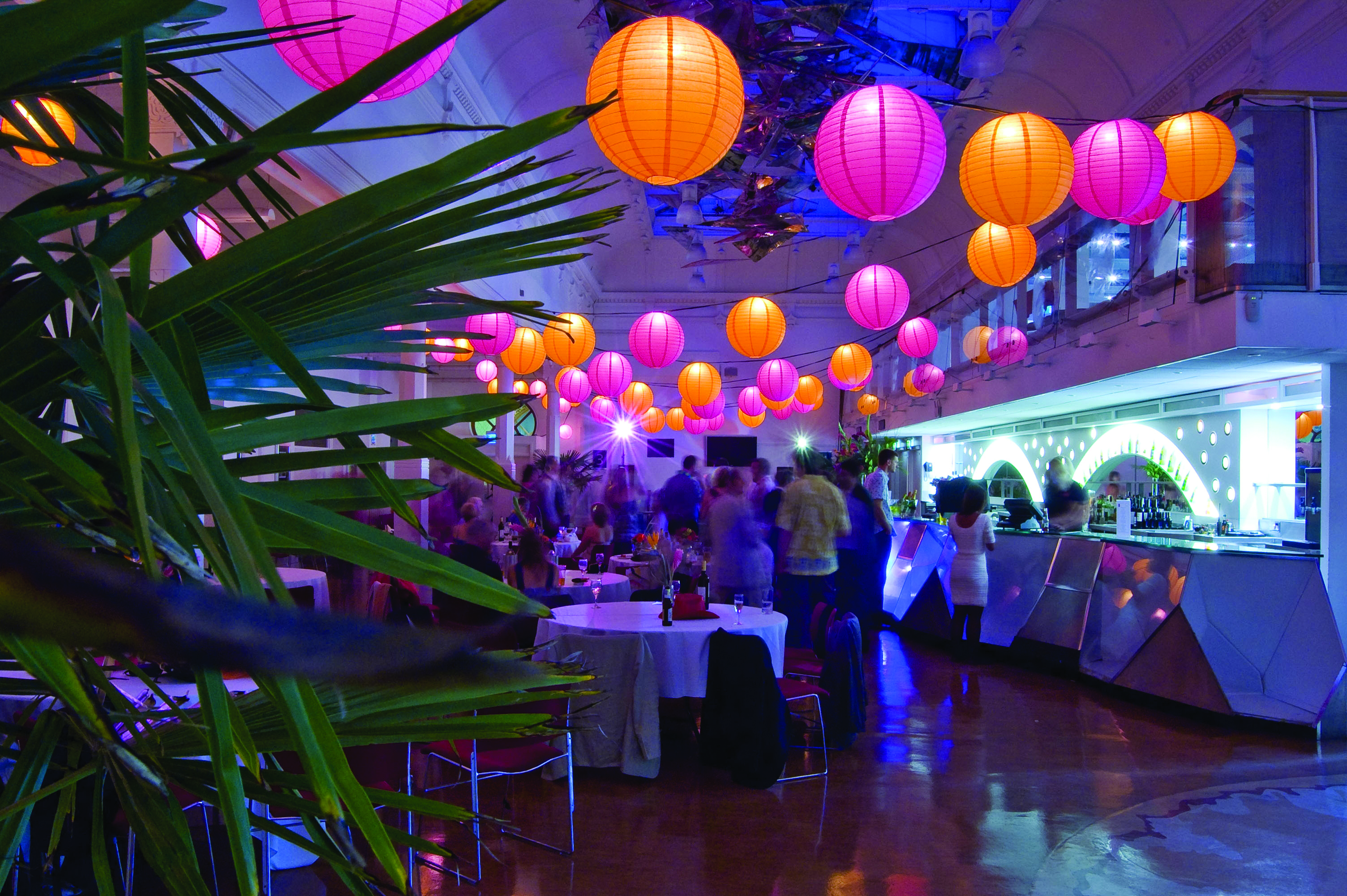Brighton Dome Foyer Bar with colorful lanterns, ideal for festive events and gatherings.