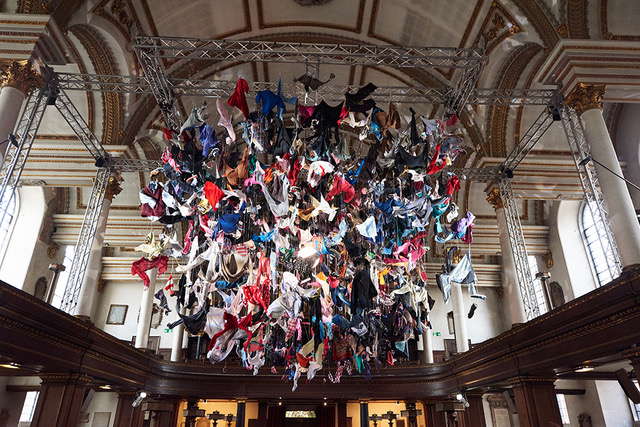 Colorful fabric installation at St James's Church Piccadilly for creative events and exhibitions.