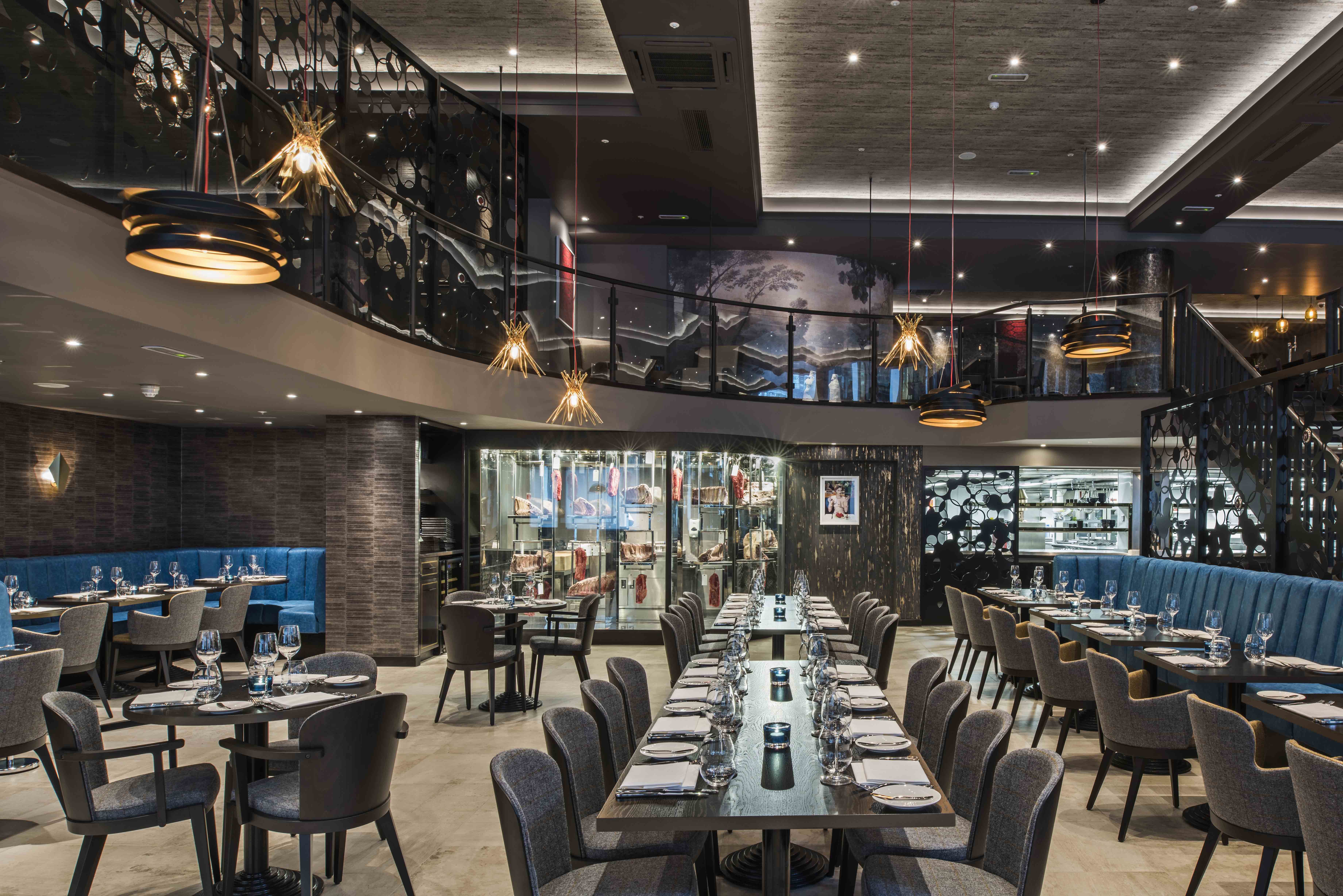 Modern GRILL restaurant on M Threadneedle Street, ideal for events with elegant seating.