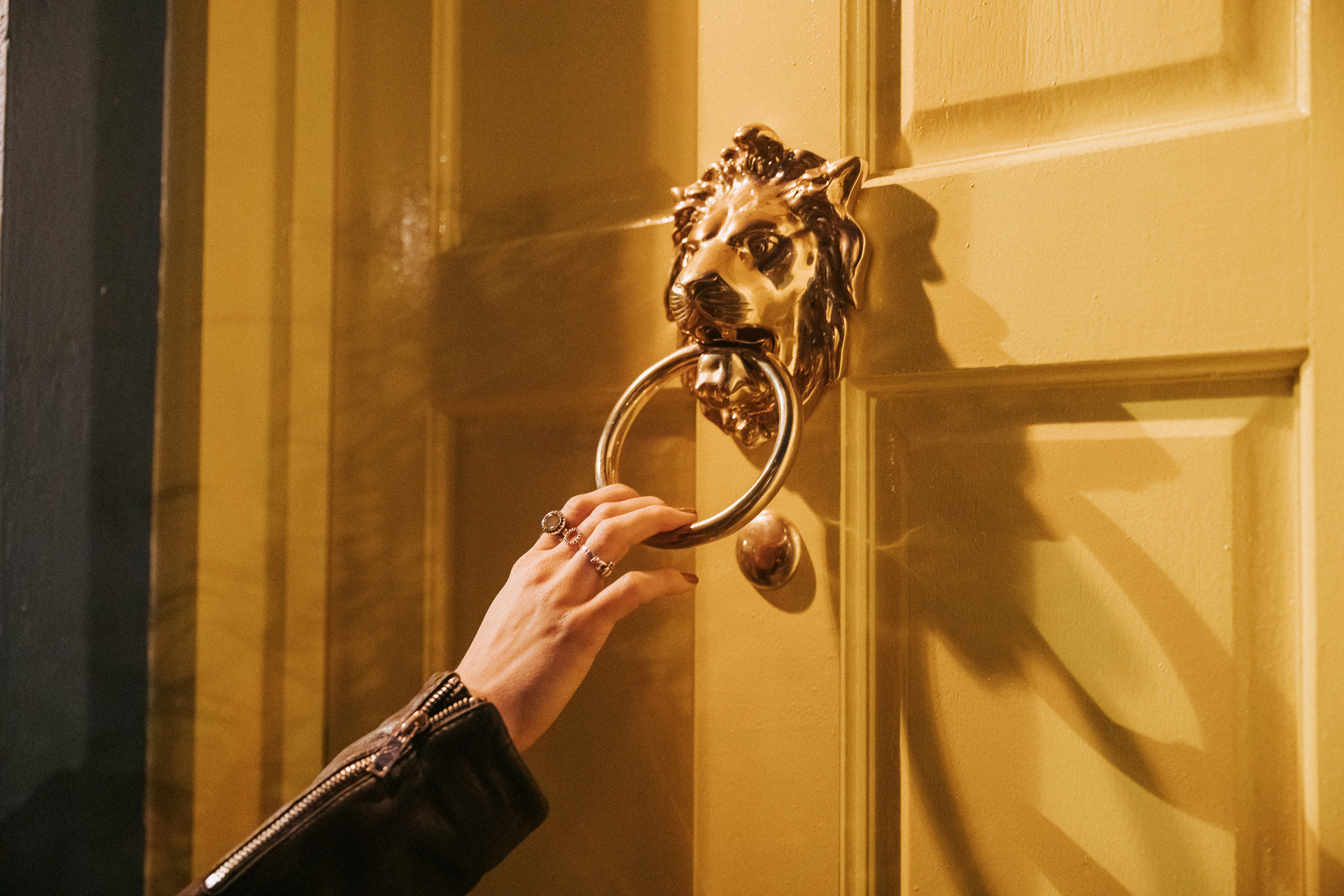 Ornate lion's head knocker on vibrant yellow door at The Little Yellow Door venue hire.