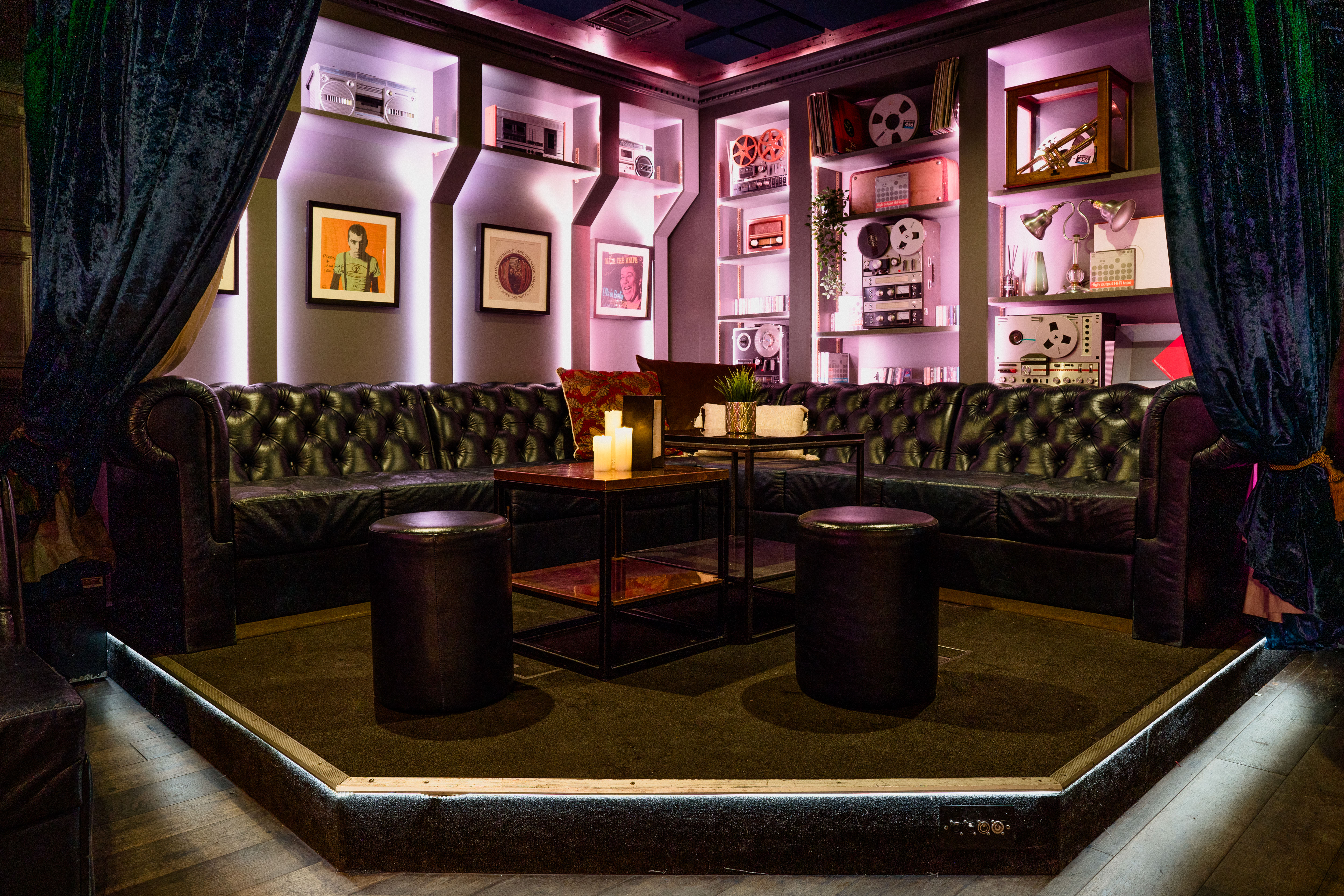 Tape London lounge with plush leather seating, ideal for VIP receptions and networking events.