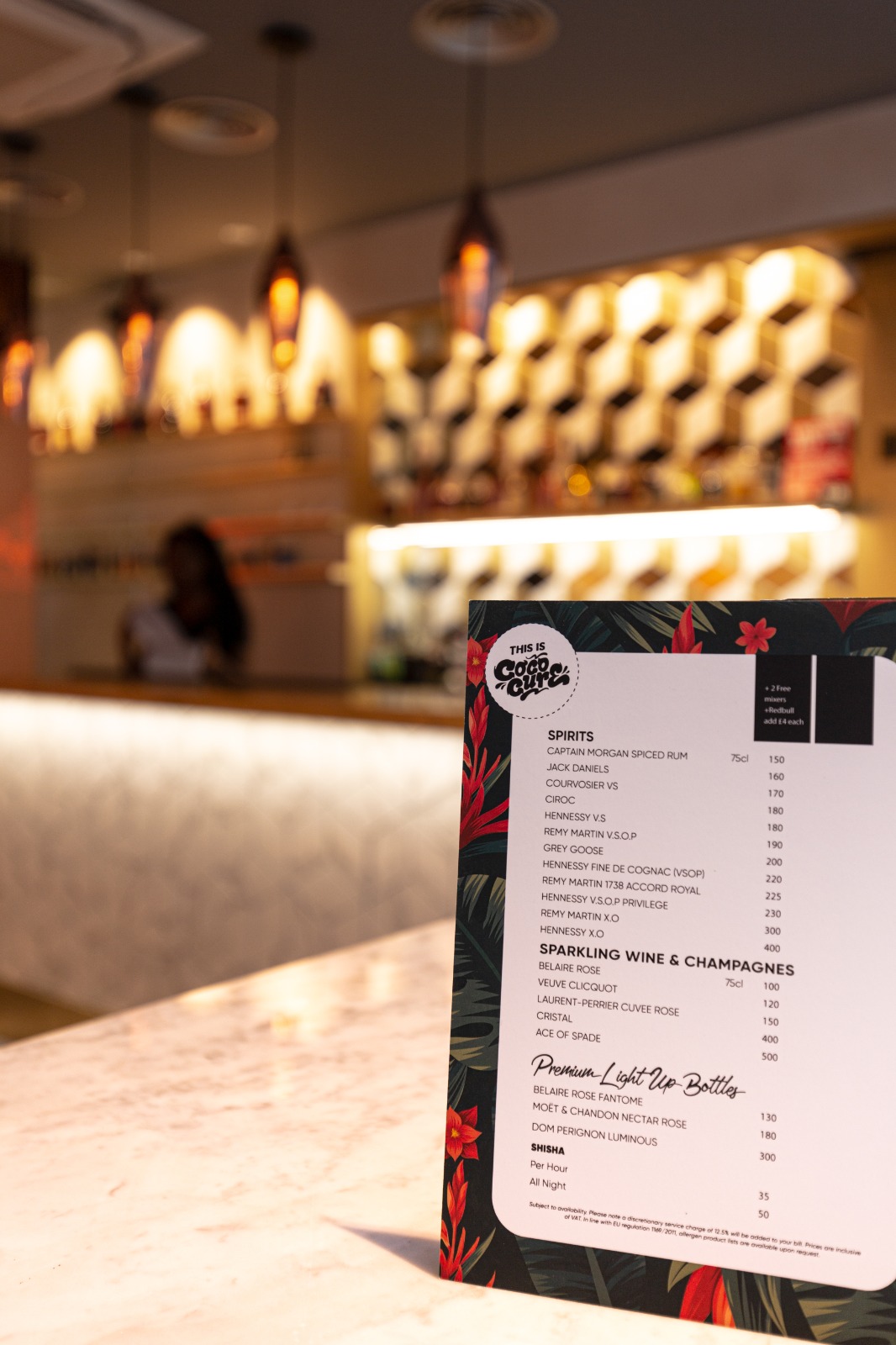 Stylish bar menu at Cococure venue, perfect for lively events and social gatherings.