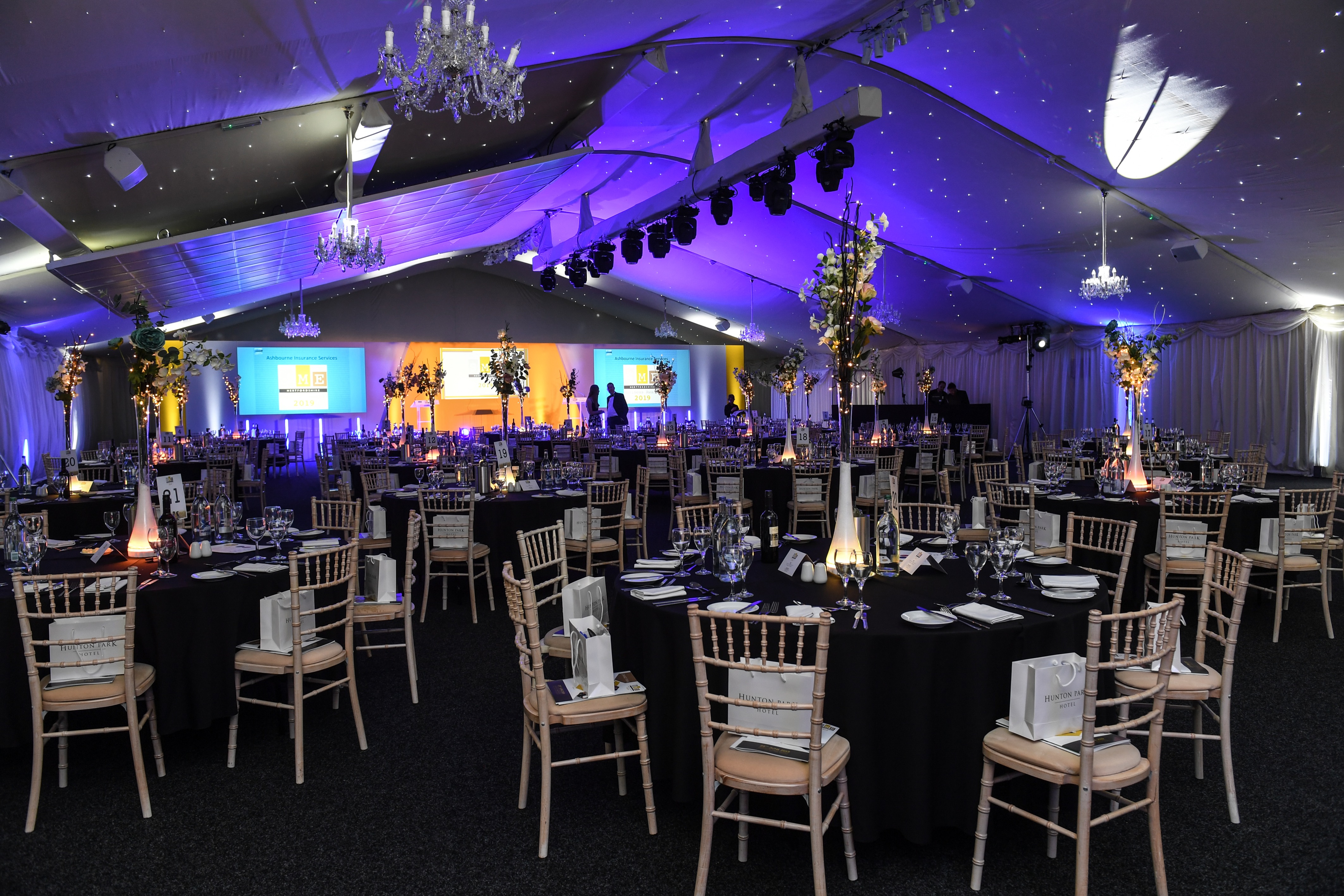 Garden Marquee at Hunton Park Hotel, elegant tables for corporate events and galas.
