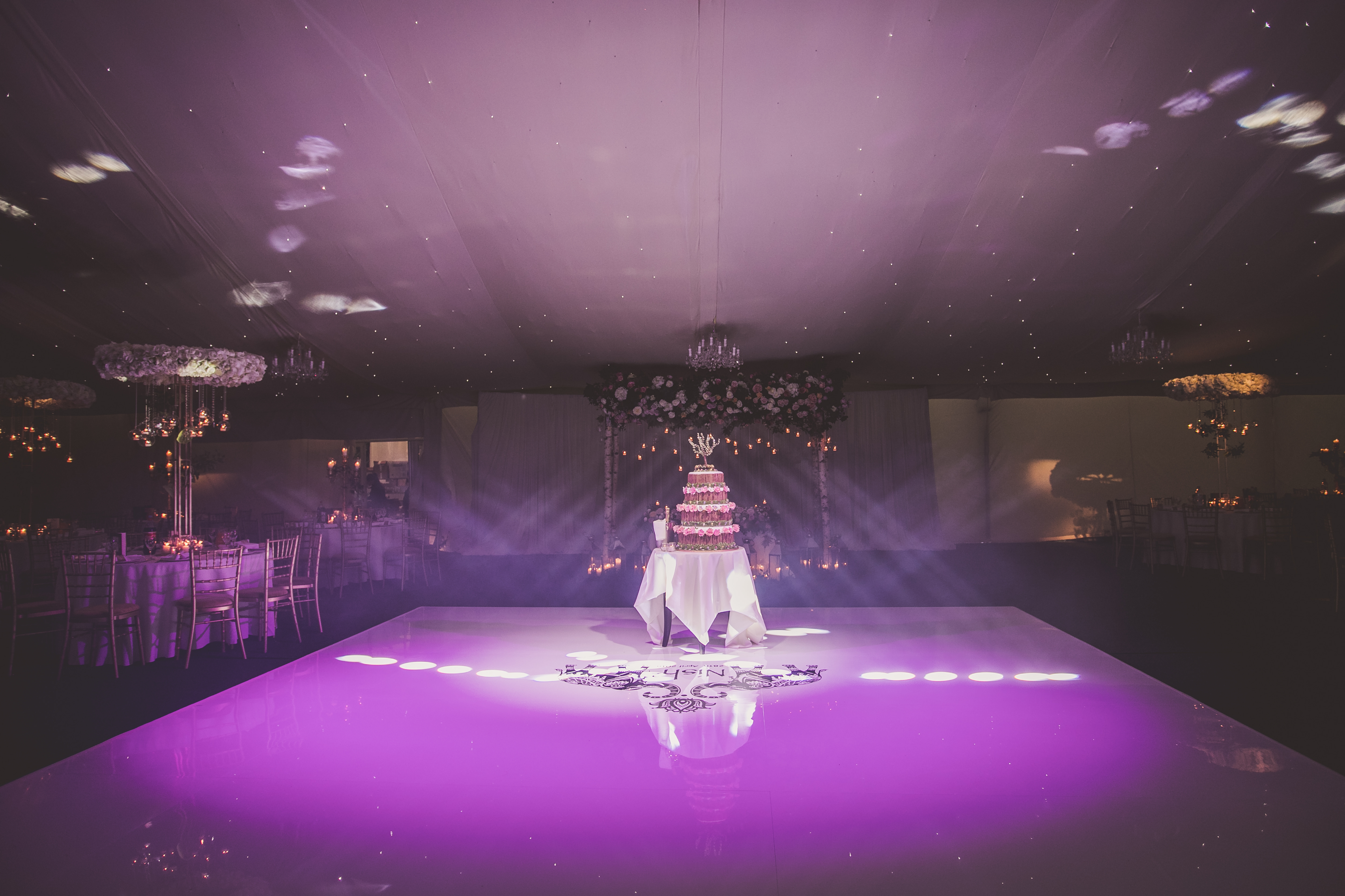 Garden Marquee at Hunton Park Hotel with elegant cake, perfect for weddings and celebrations.