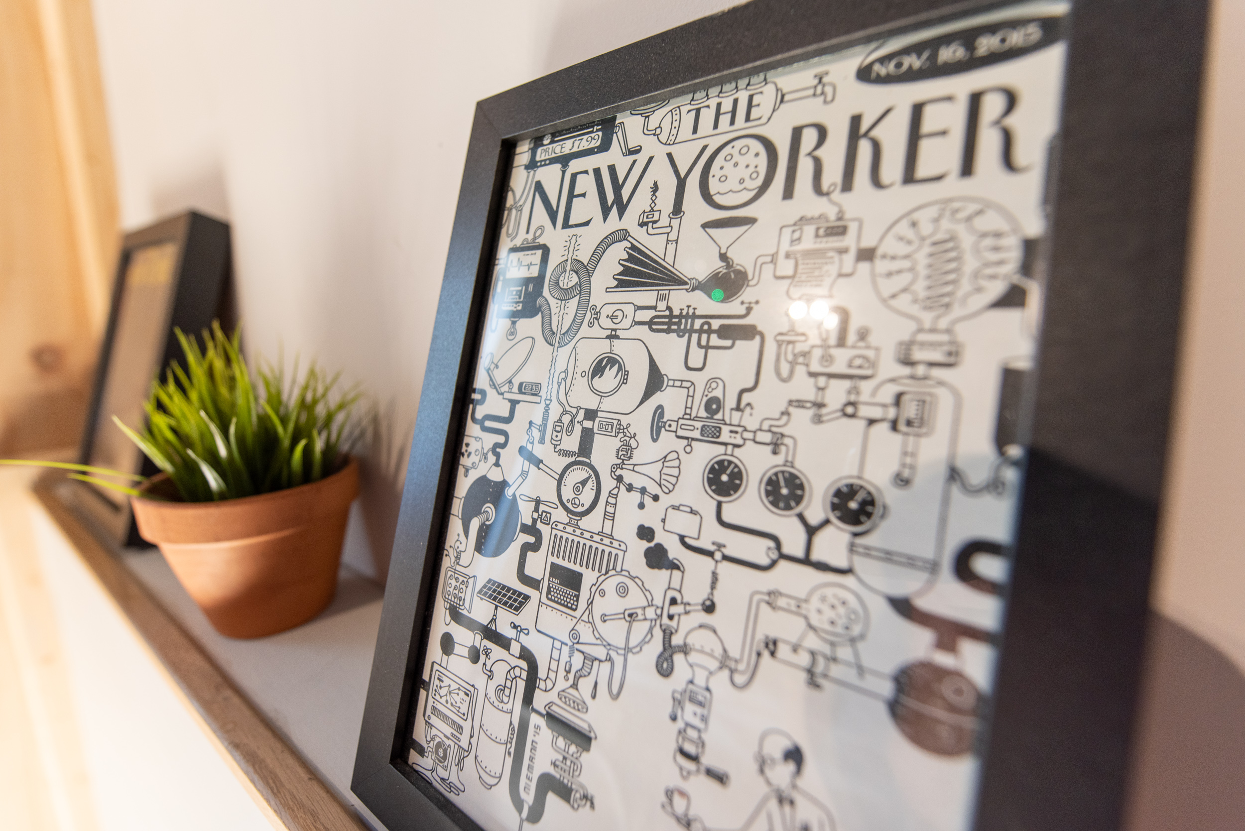 Meeting Room 1 at Frequency Space with artistic *New Yorker* cover, ideal for networking events.