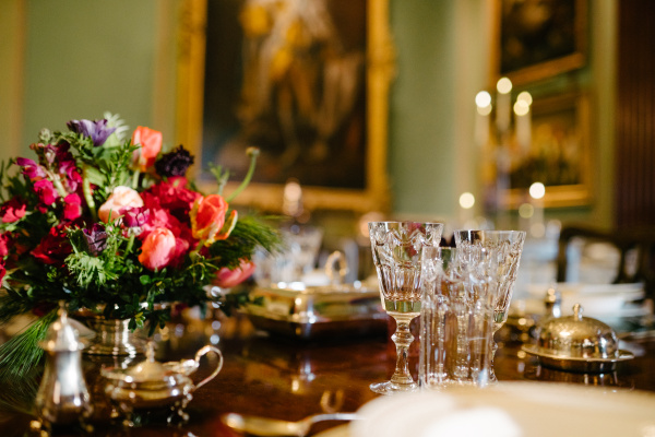 Elegant dining table with floral centerpiece at Hillsborough Castle for upscale events.