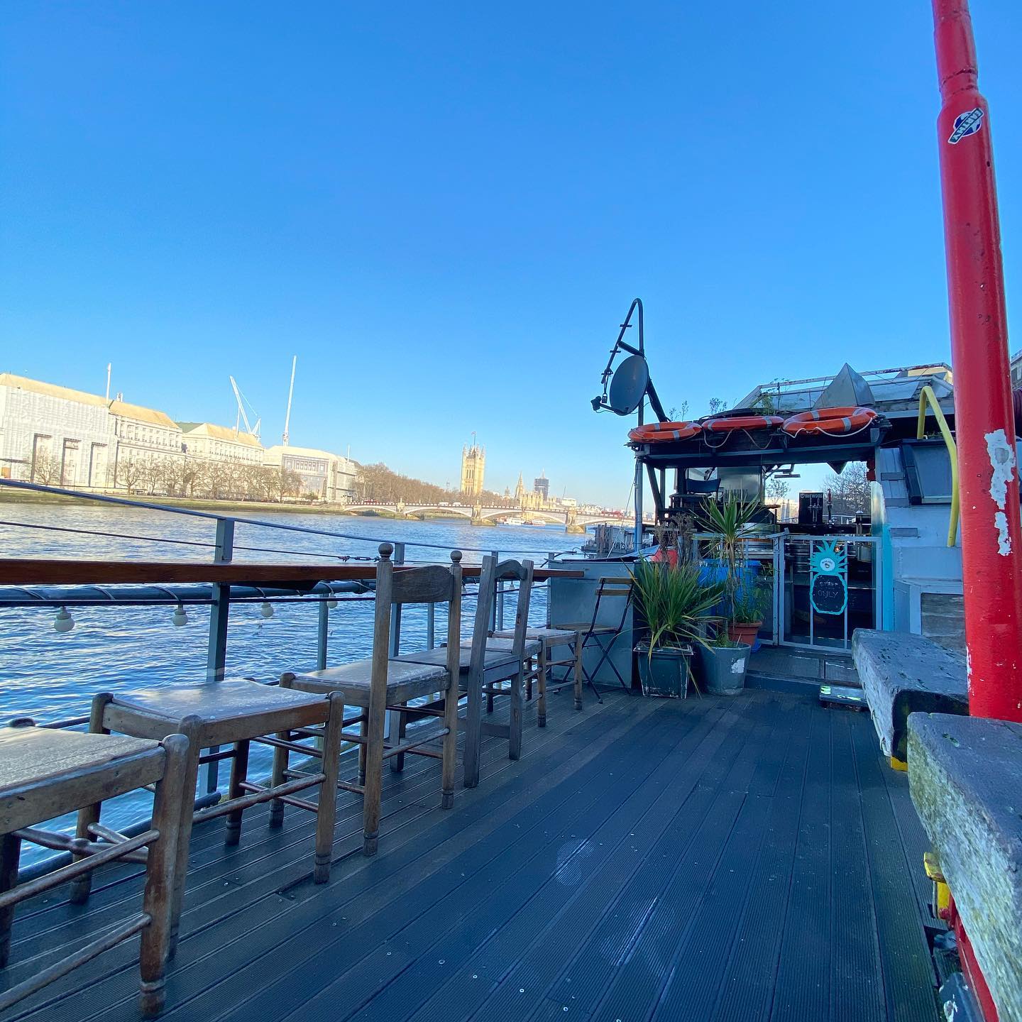 West-Facing Deck at Tamesis Dock, scenic boat venue for networking events.