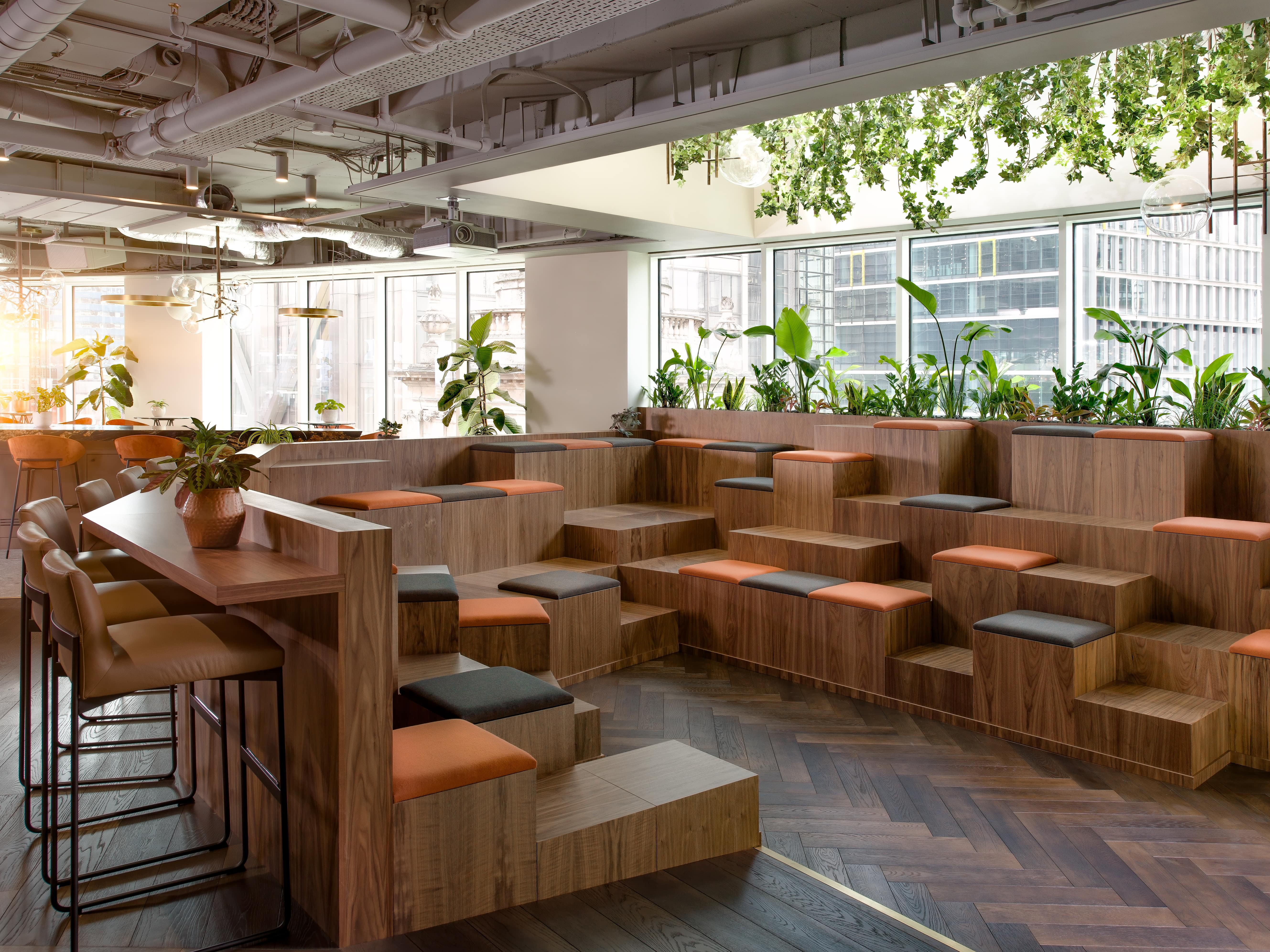 Cafe Lounge in Uncommon Liverpool Street: bright meeting space with tiered seating for events.