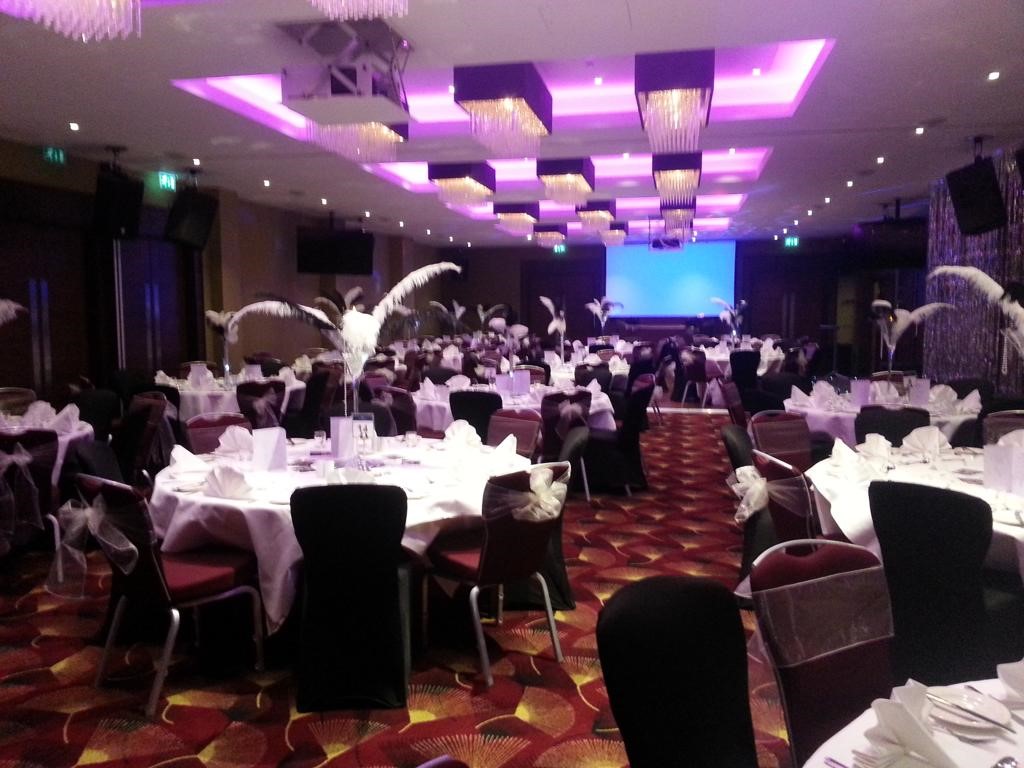 Elegant wedding setup at Holiday Inn Kensington, featuring white linens and soft lighting.