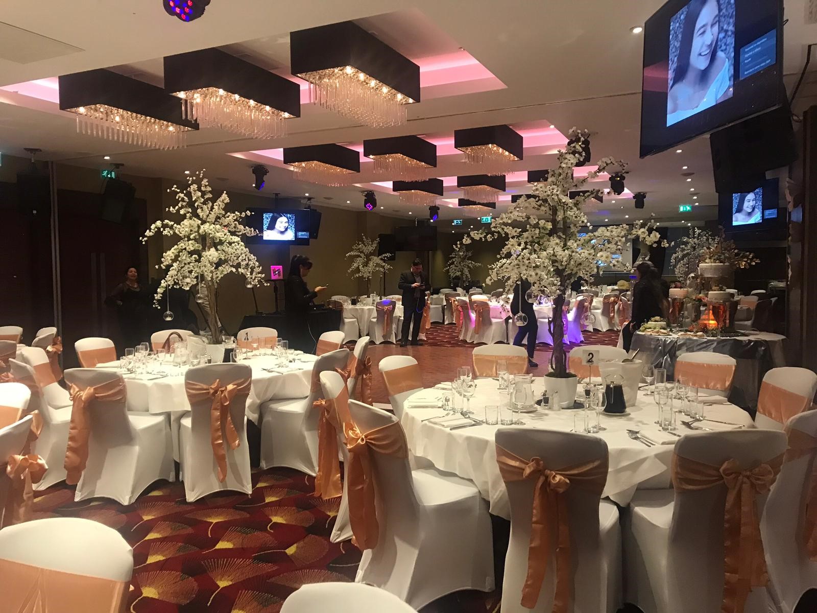 Elegant wedding setup with round tables and floral centerpieces at Holiday Inn Kensington.