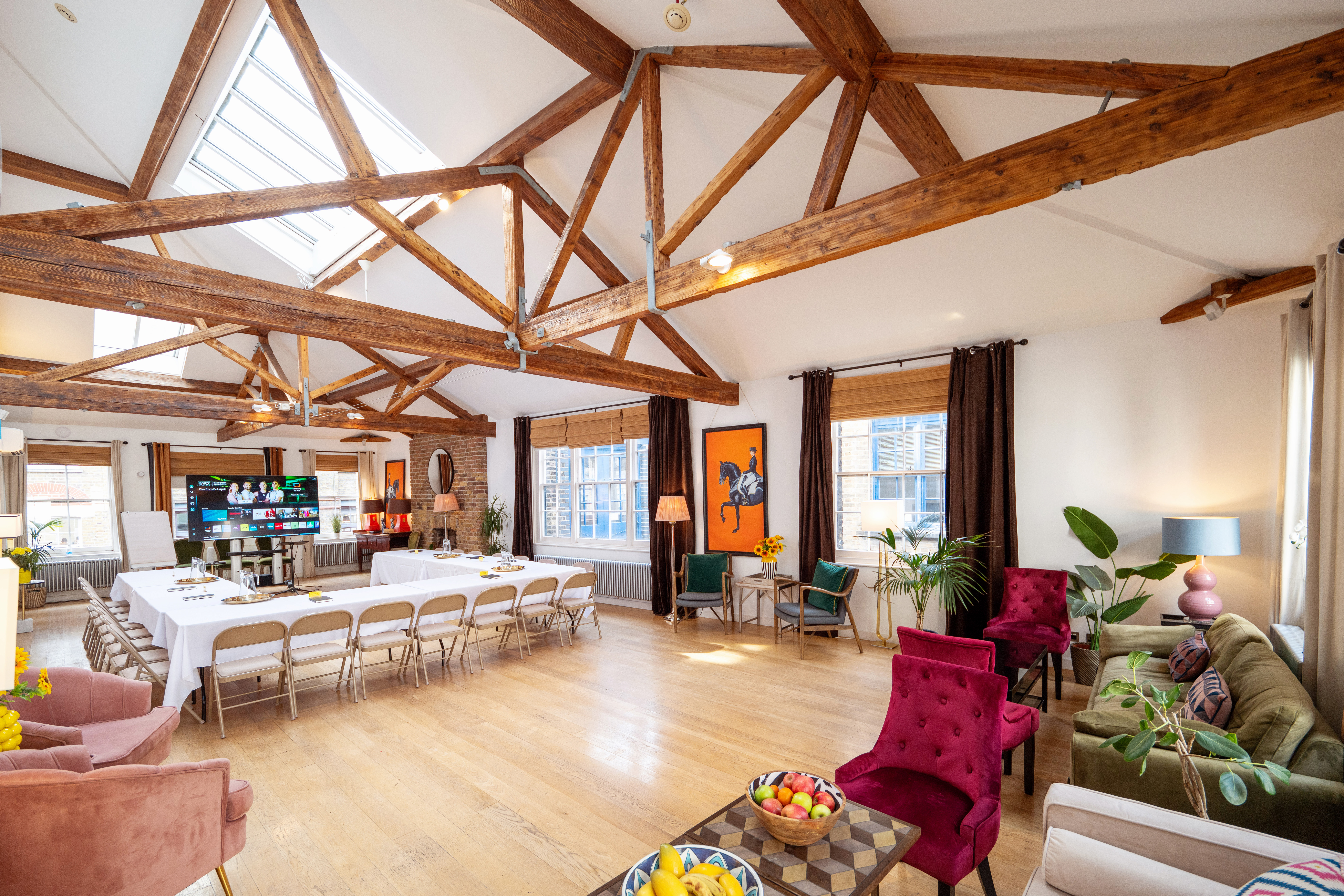 Versatile event space in Lumiere London with high ceilings, ideal for meetings and workshops.