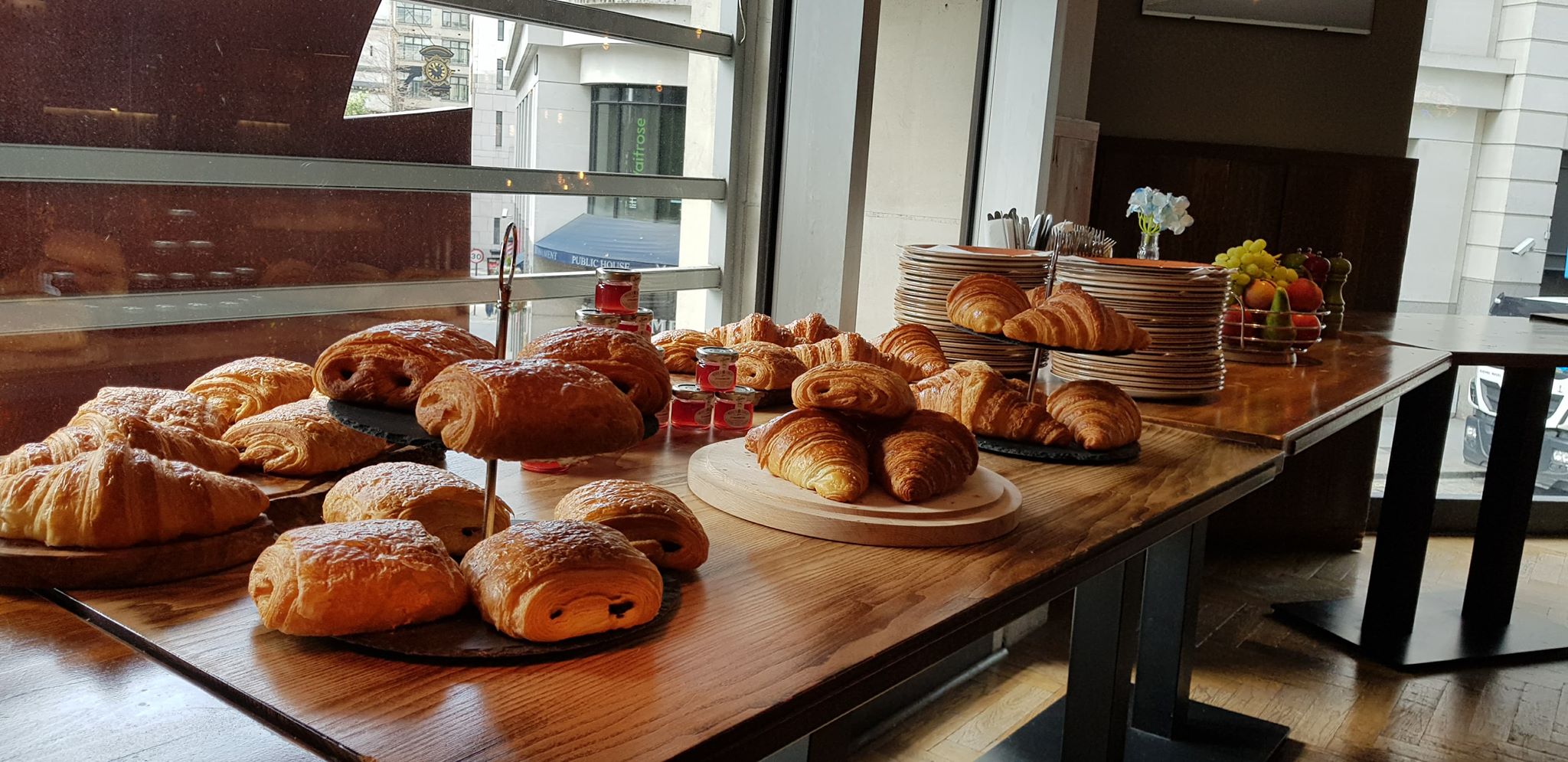 Breakfast spread with pastries at The Hydrant for networking events.