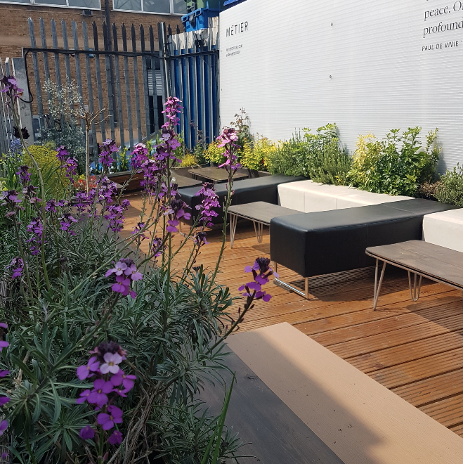 Stylish outdoor lounge at Number 10 London, perfect for networking events and meetings.