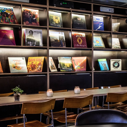 Stylish Number 10 London venue with vinyl records, ideal for networking events and meetings.