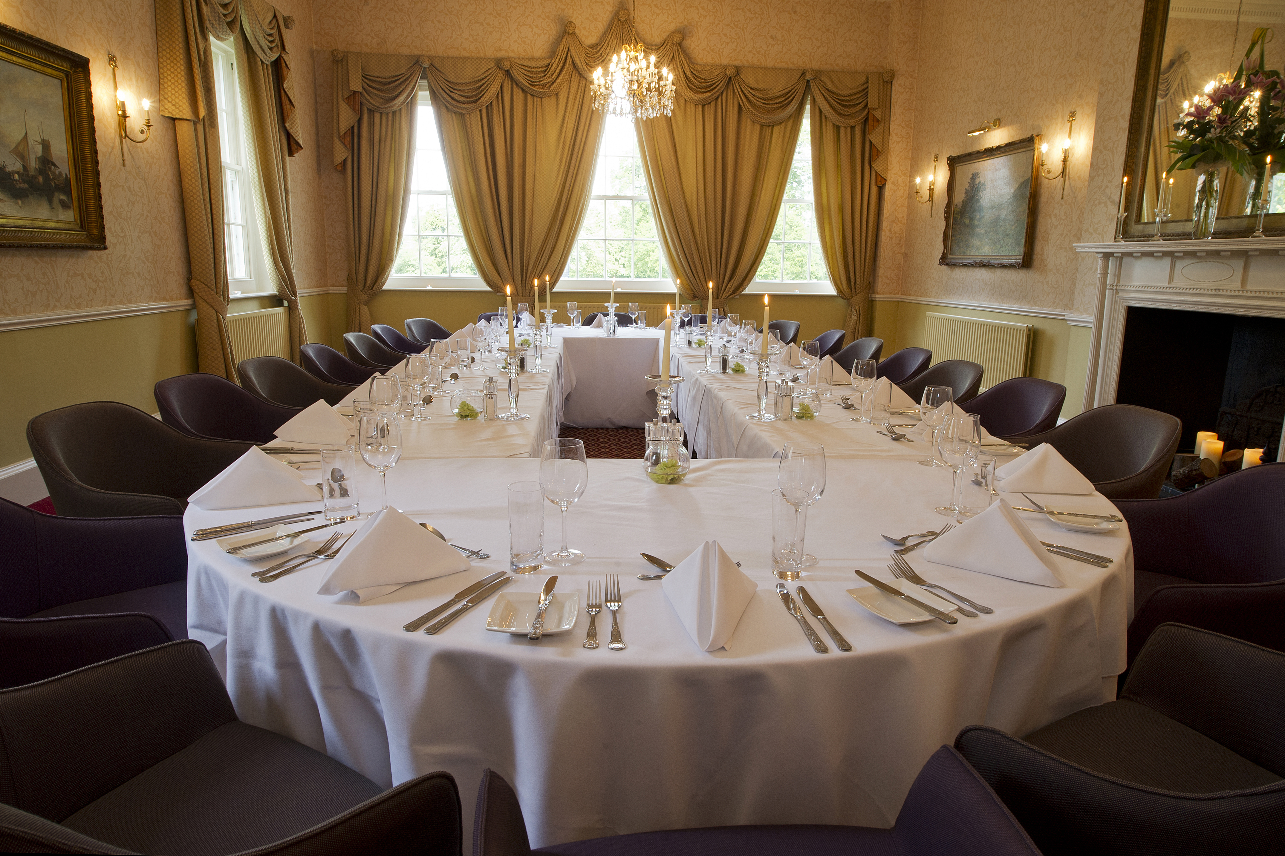 Elegant banquet table in The Elms Hotel for corporate events and gatherings.