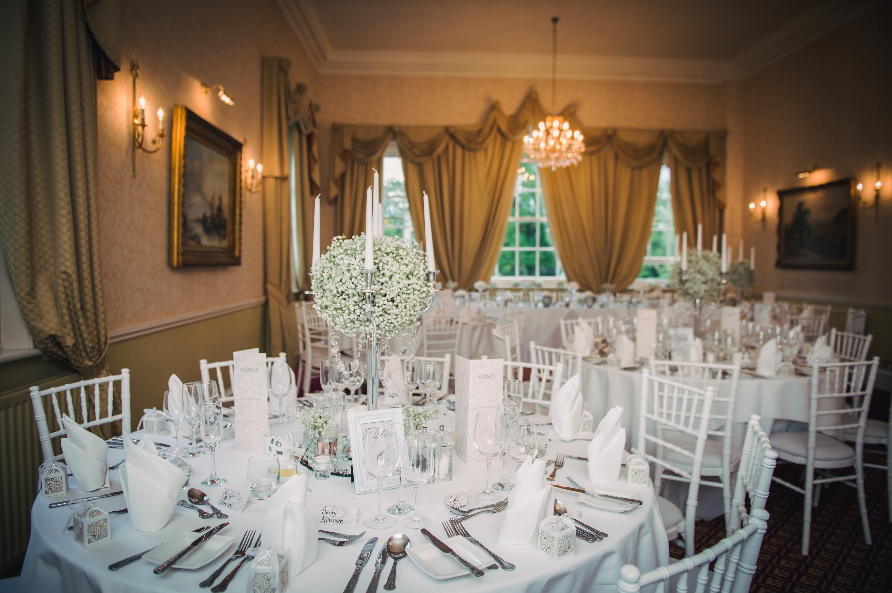 Elegant banquet room at The Elms Hotel, perfect for weddings and upscale events.