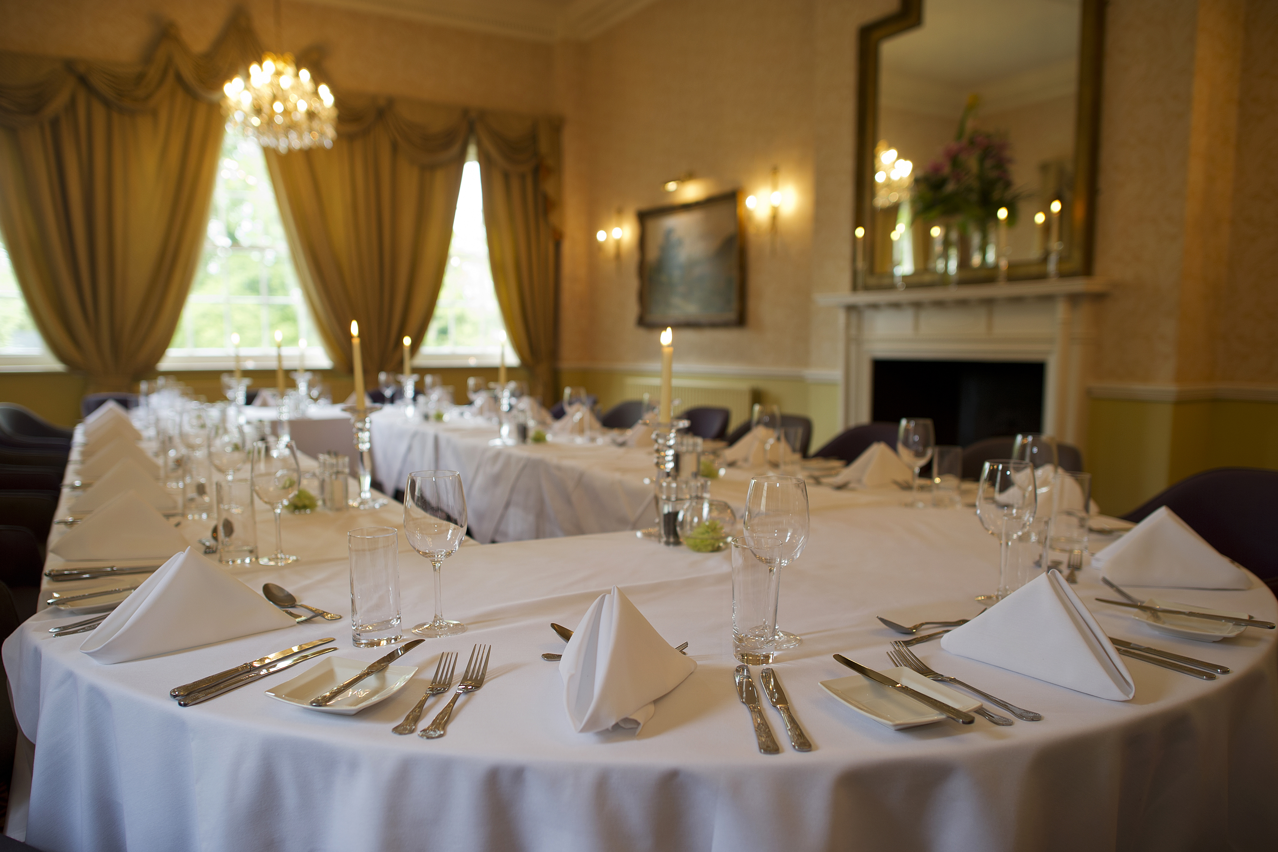 Elegant dining table setup in The Elms Hotel for formal events and corporate dinners.