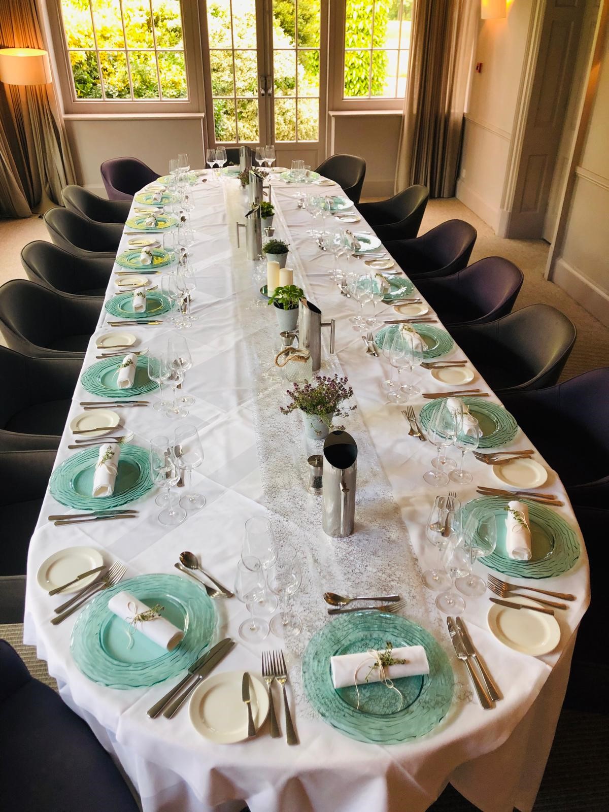 Elegant dining setup at The Elms Hotel for corporate events and special occasions.