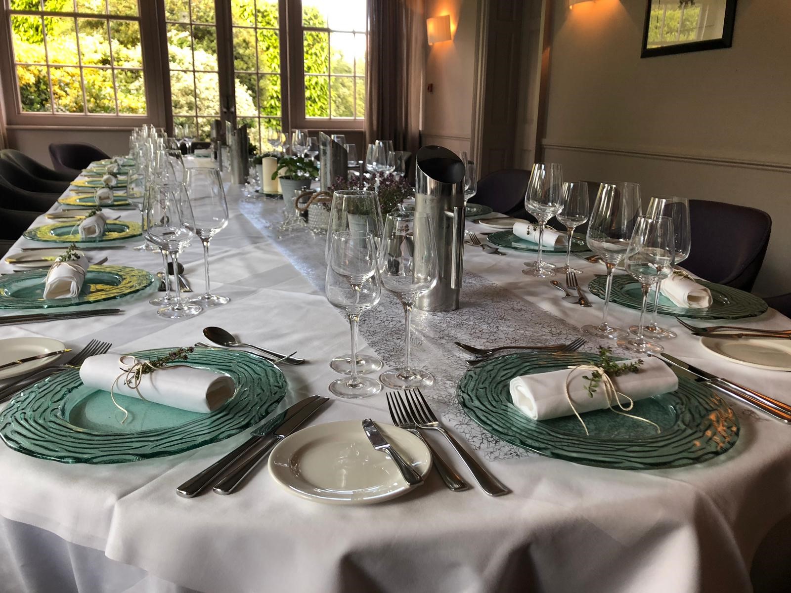 Elegant dining table at The Elms Hotel for corporate events and gatherings.