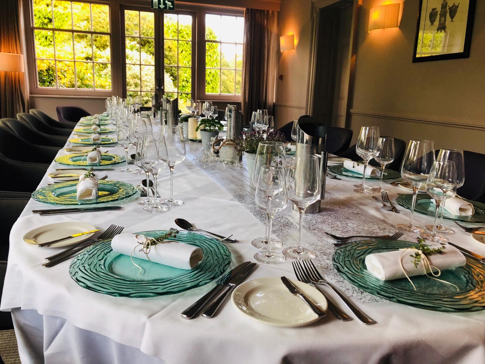 Elegant dining table at The Elms Hotel & Spa, perfect for corporate events and dinners.