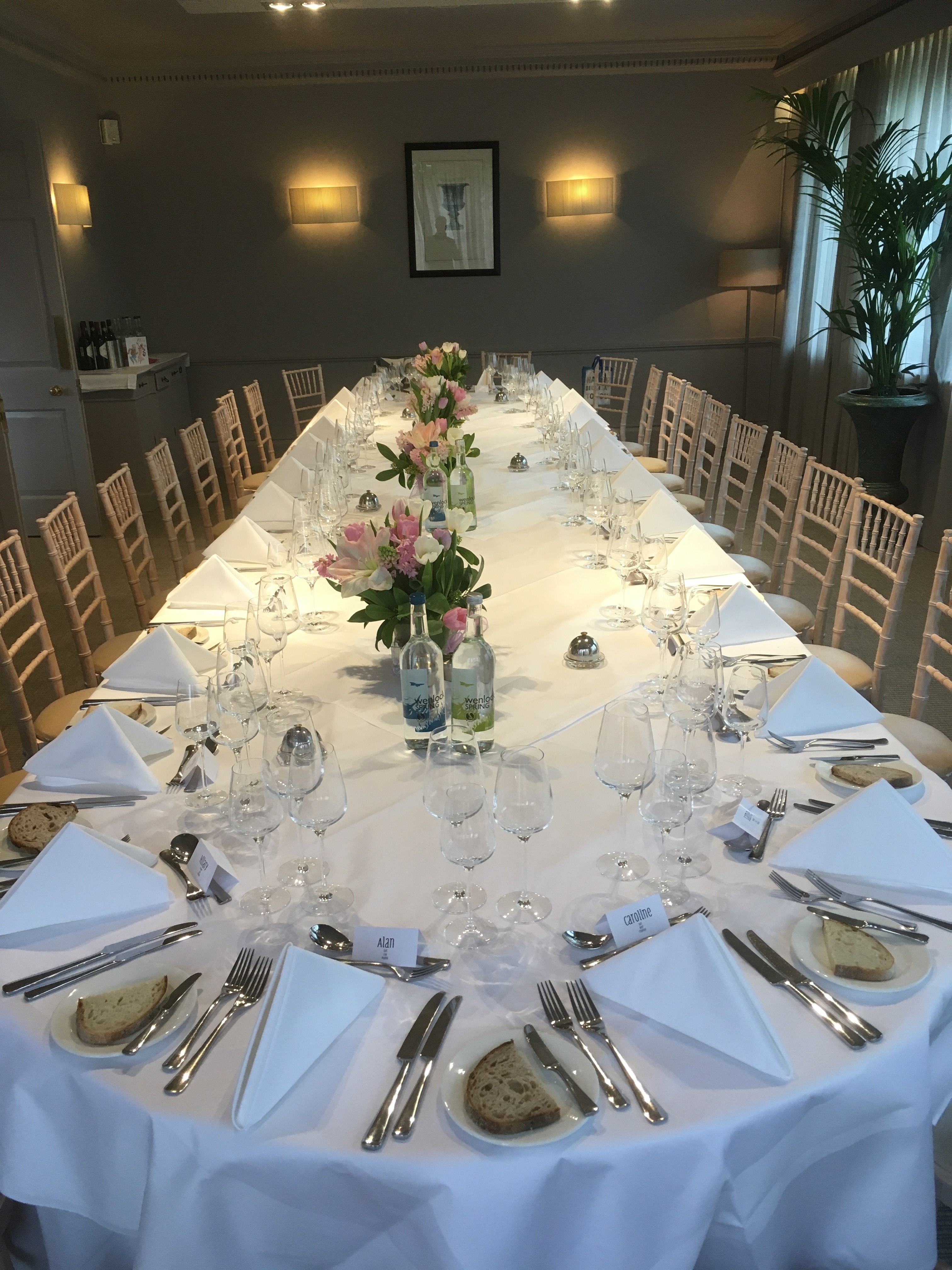 Elegant dining table setup at The Elms Hotel for formal dinner or corporate event.
