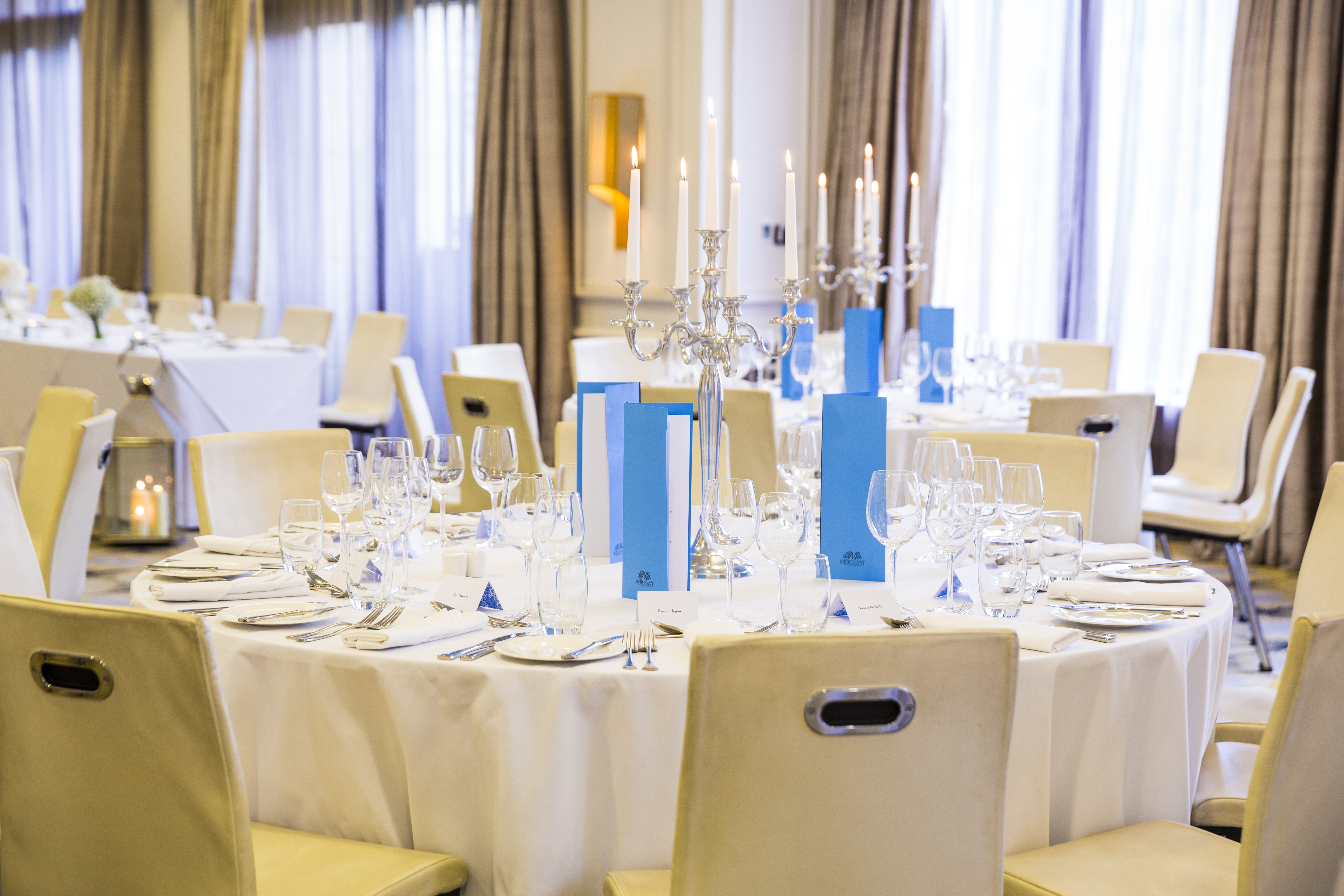 Elegant banquet table in Rita Duffy Room, perfect for weddings and corporate events.