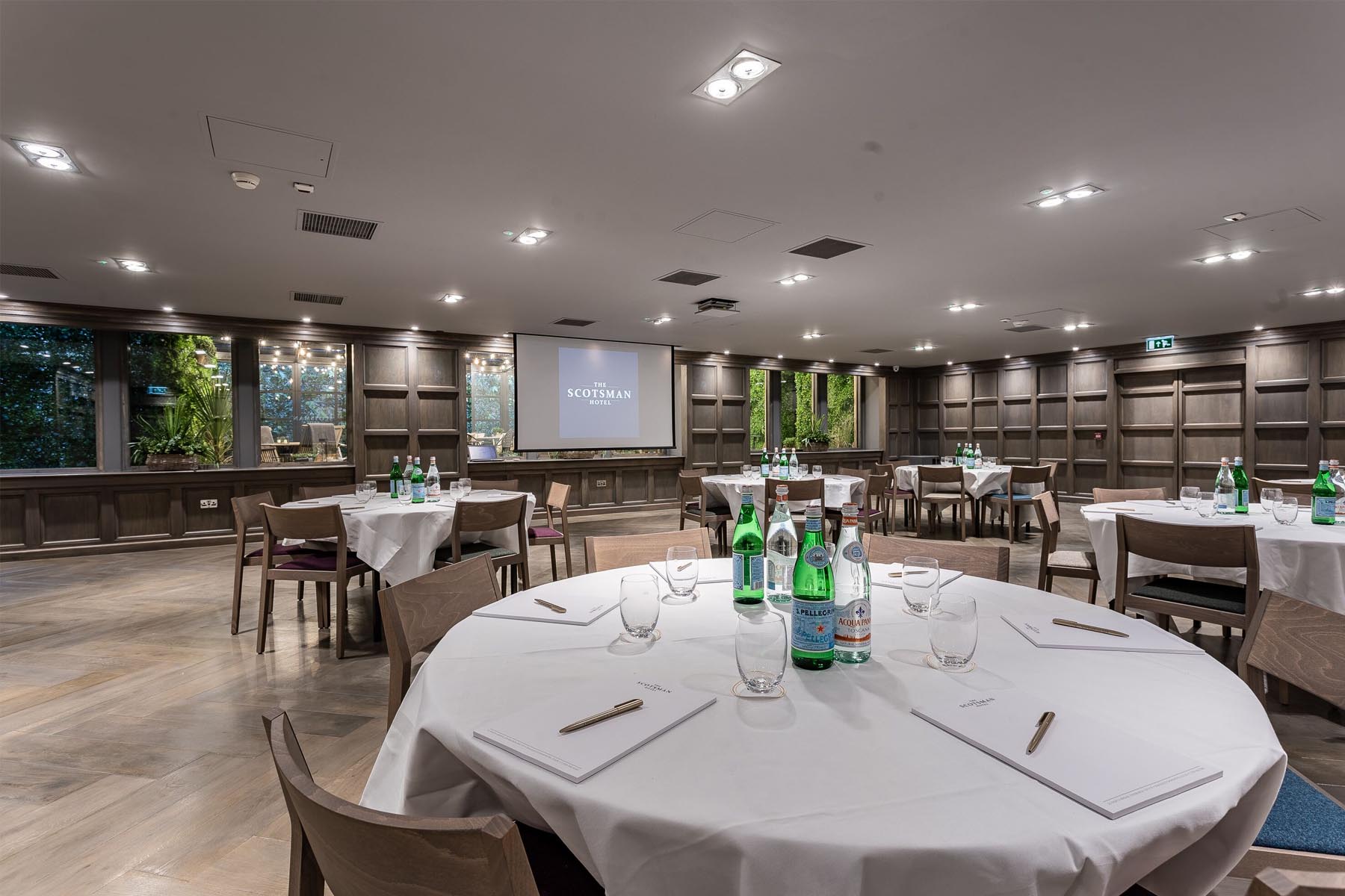 Corporate meeting space at The Balvenie, Scotsman Hotel, Edinburgh with round tables.