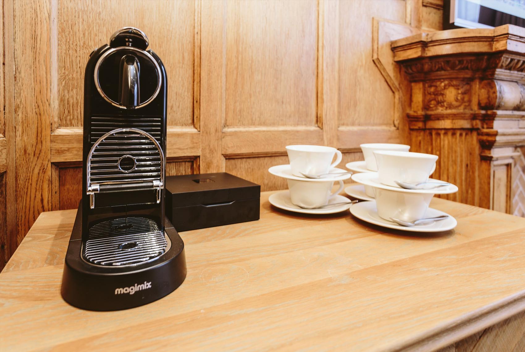 Sleek coffee machine in The Boardroom, Scotsman Hotel, ideal for meetings and events.