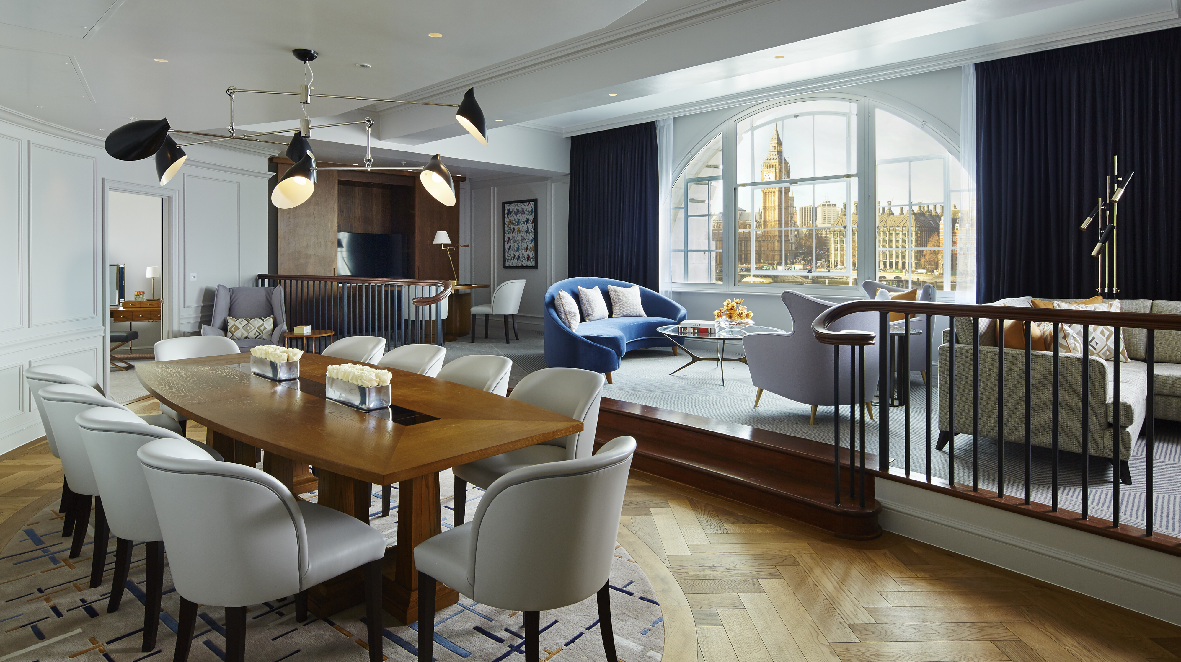 Westminster Suite at London Marriott: modern meeting space with large wooden table, ideal for events.