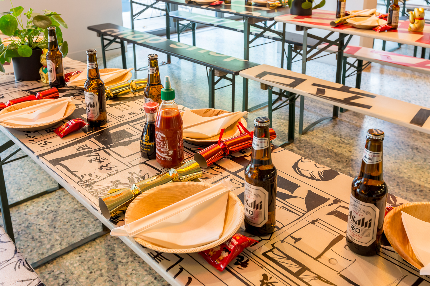 Vibrant comic-themed dining setup for casual events at Chop Shop restaurant.