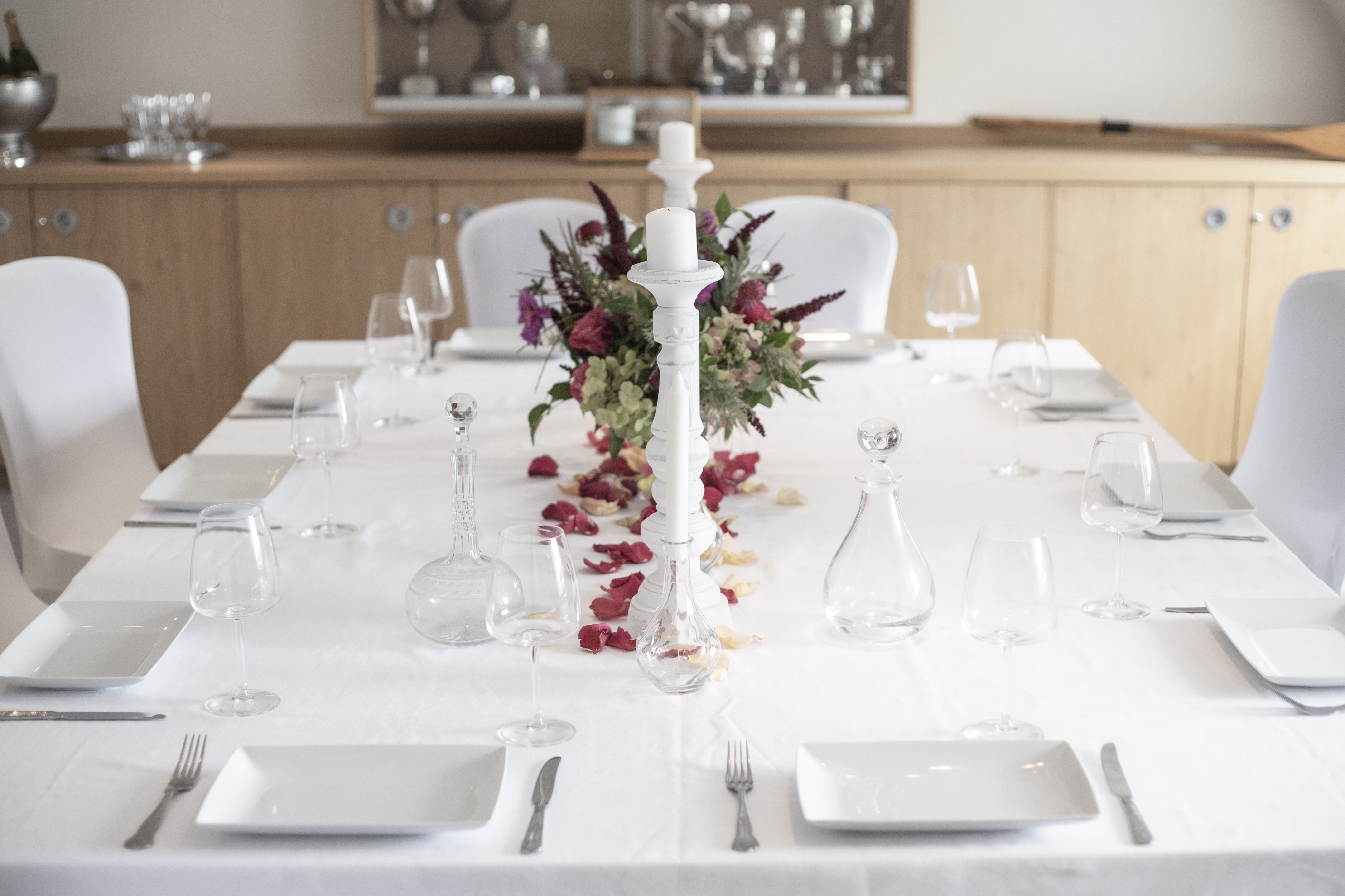Elegant dining table in THE BOARDROOM, perfect for corporate dinners and intimate events.