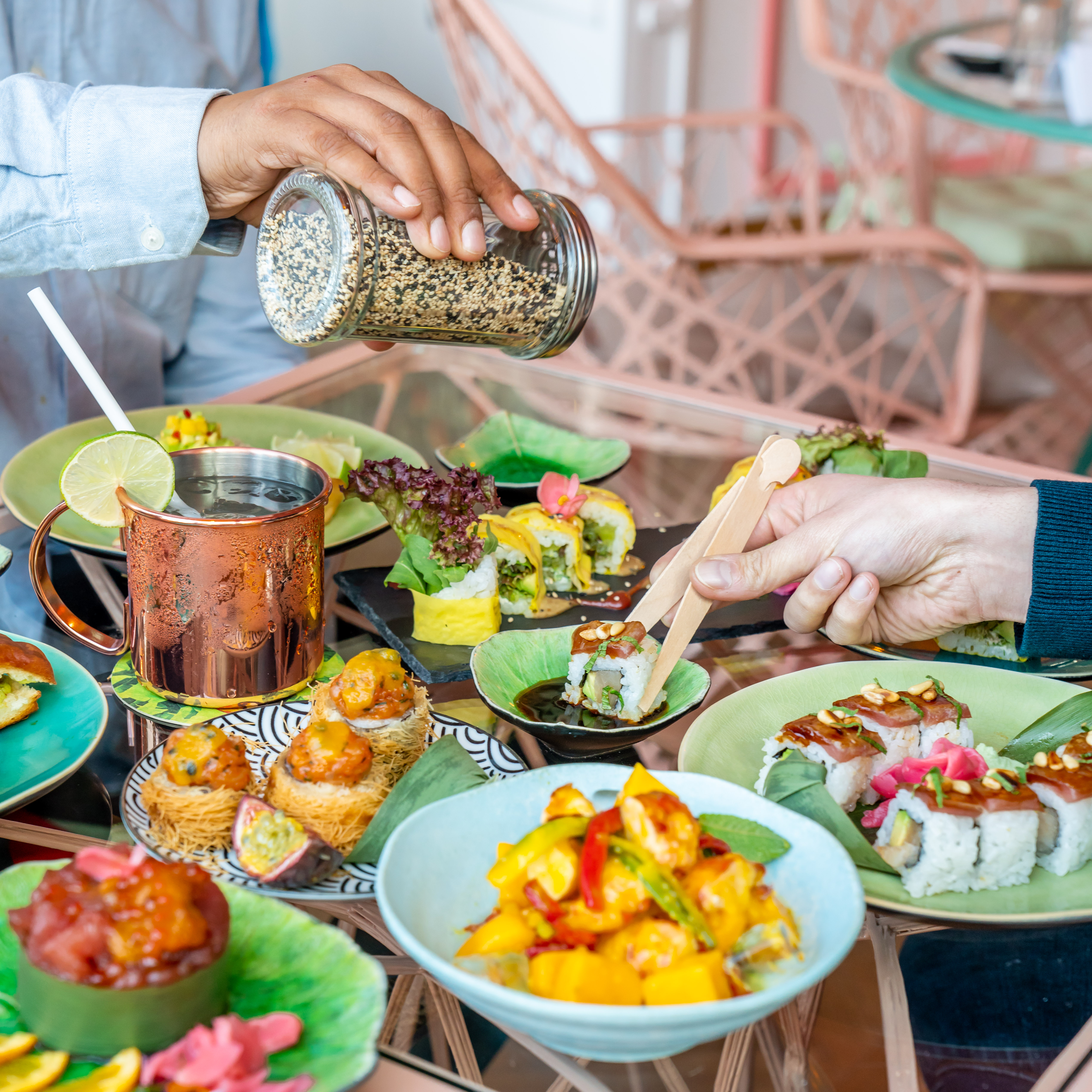 Vibrant sushi spread at Temakinho Tower Bridge for corporate networking event.