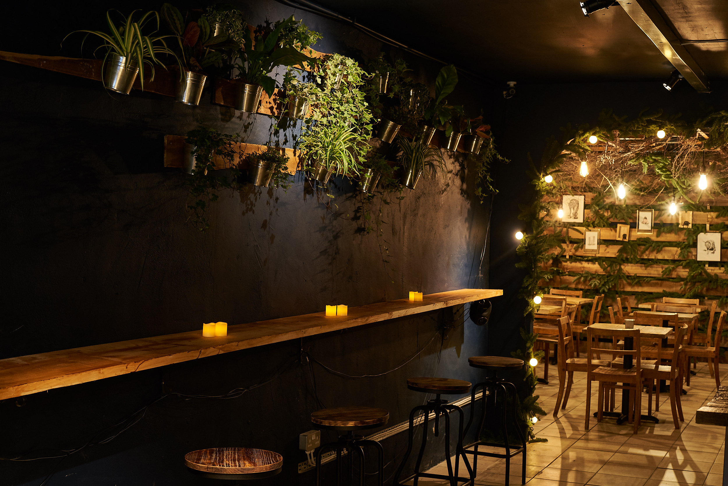 Cozy BATCH Cocktail Bar with lush greenery, ideal for networking events and gatherings.