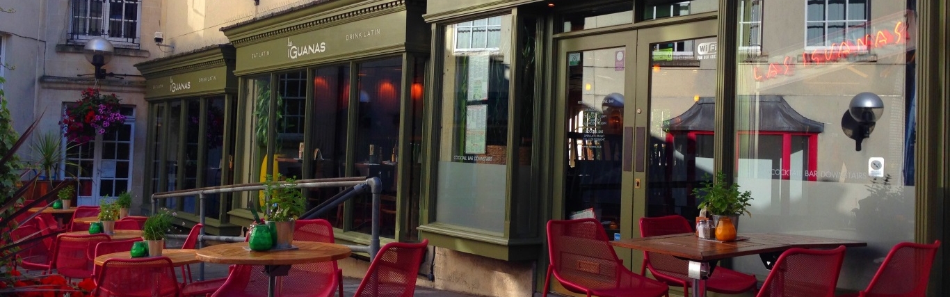 Vibrant outdoor dining area at Las Iguanas Bath, ideal for summer events and casual meetings.