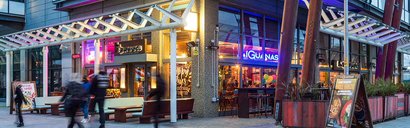 Vibrant Las Iguanas Bristol venue with colorful lighting for events and celebrations.