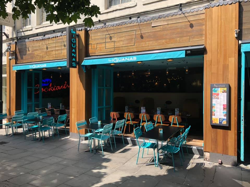 Vibrant outdoor dining area at Las Iguanas Cardiff, ideal for casual events and networking.