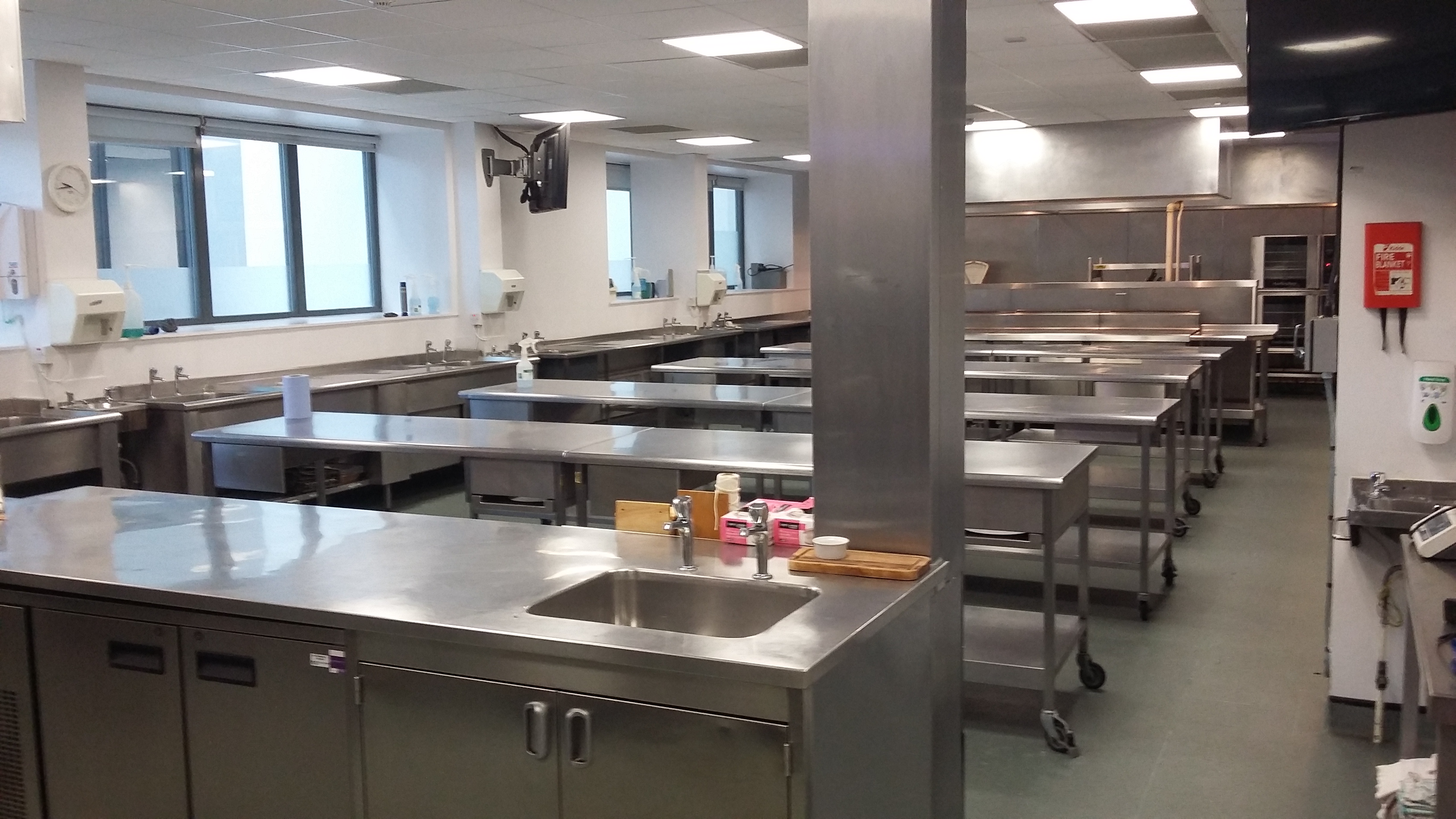 Pillars Kitchen at UWL Ealing: spacious stainless steel kitchen for catering events.